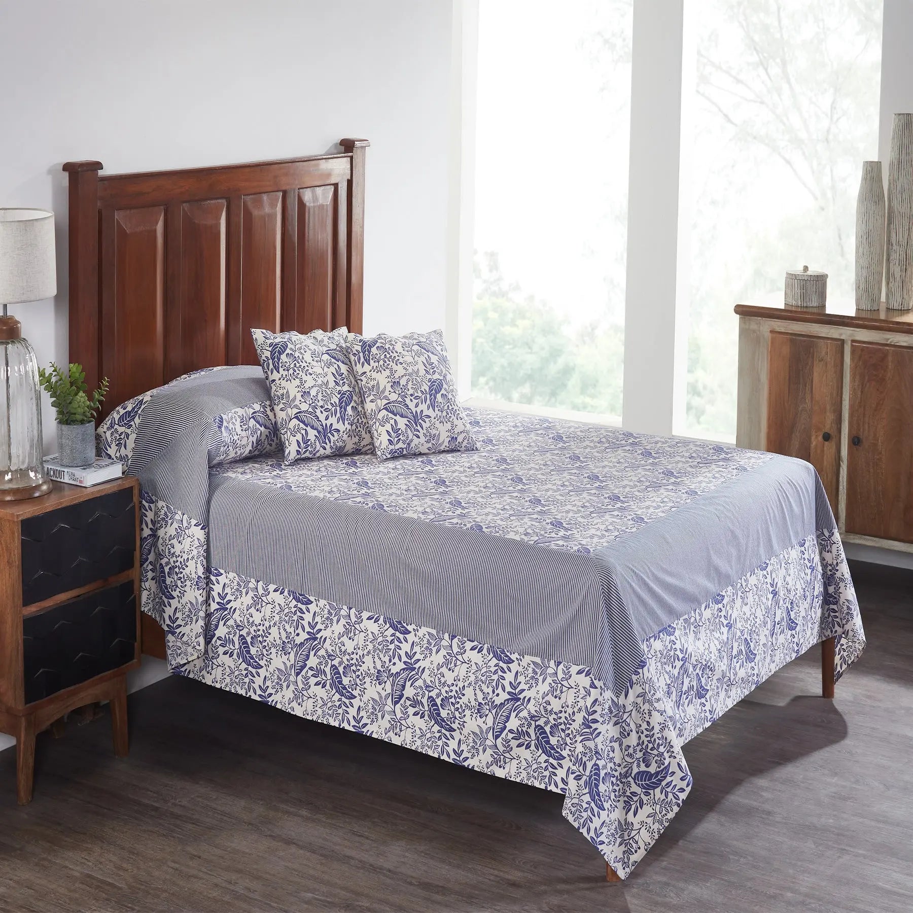 Havana Blue Hand Screen Print Cotton Bedcover