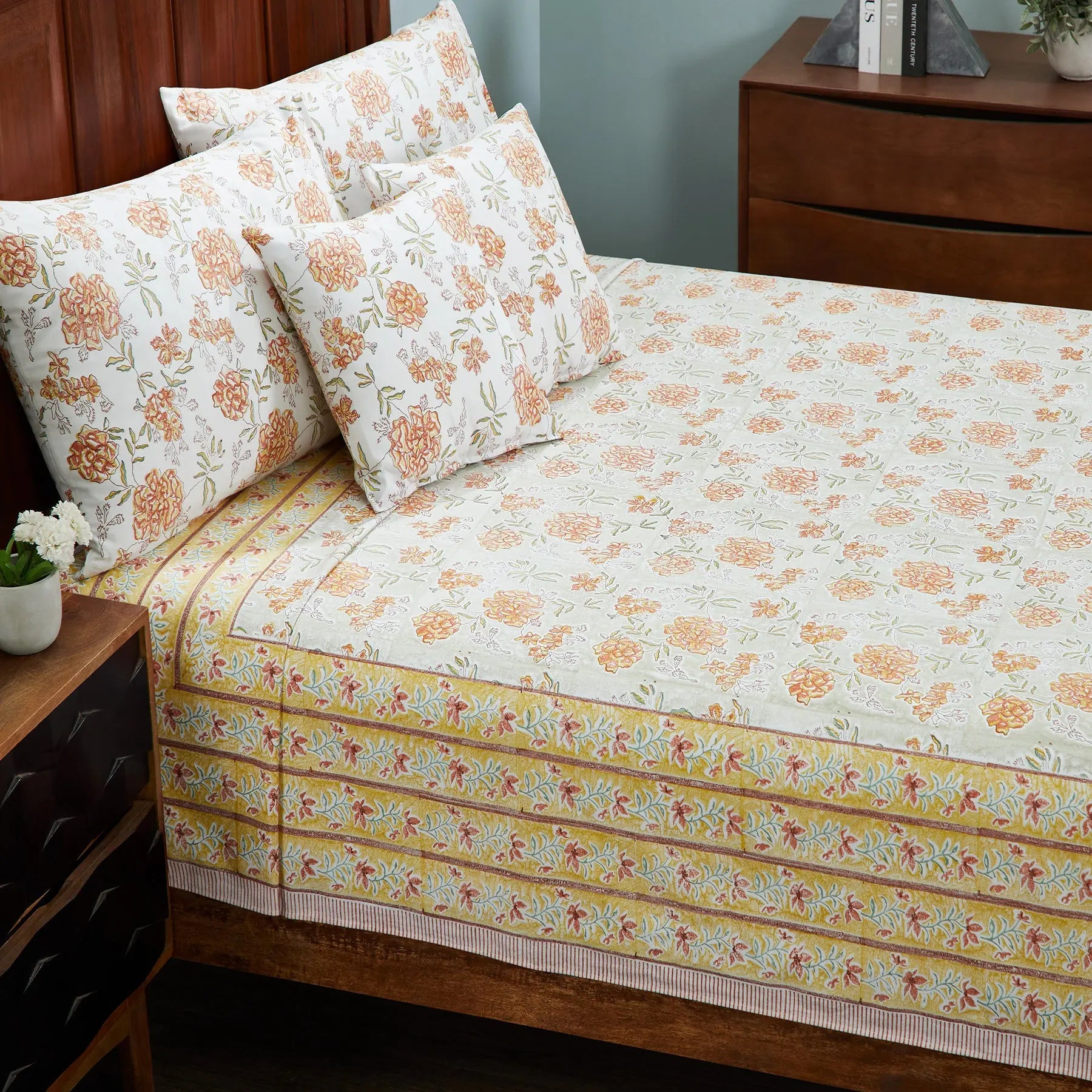 Vintage Yellow & Brown Hand Block Print Cotton Bedcover