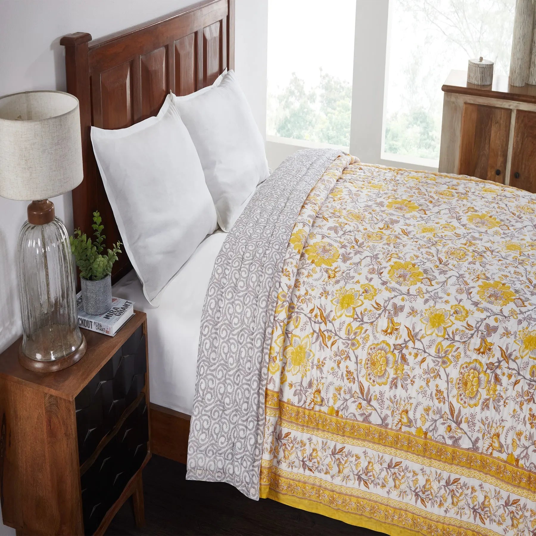 Chintz Garden Yellow Hand Screen Print Extra Cotton Quilt