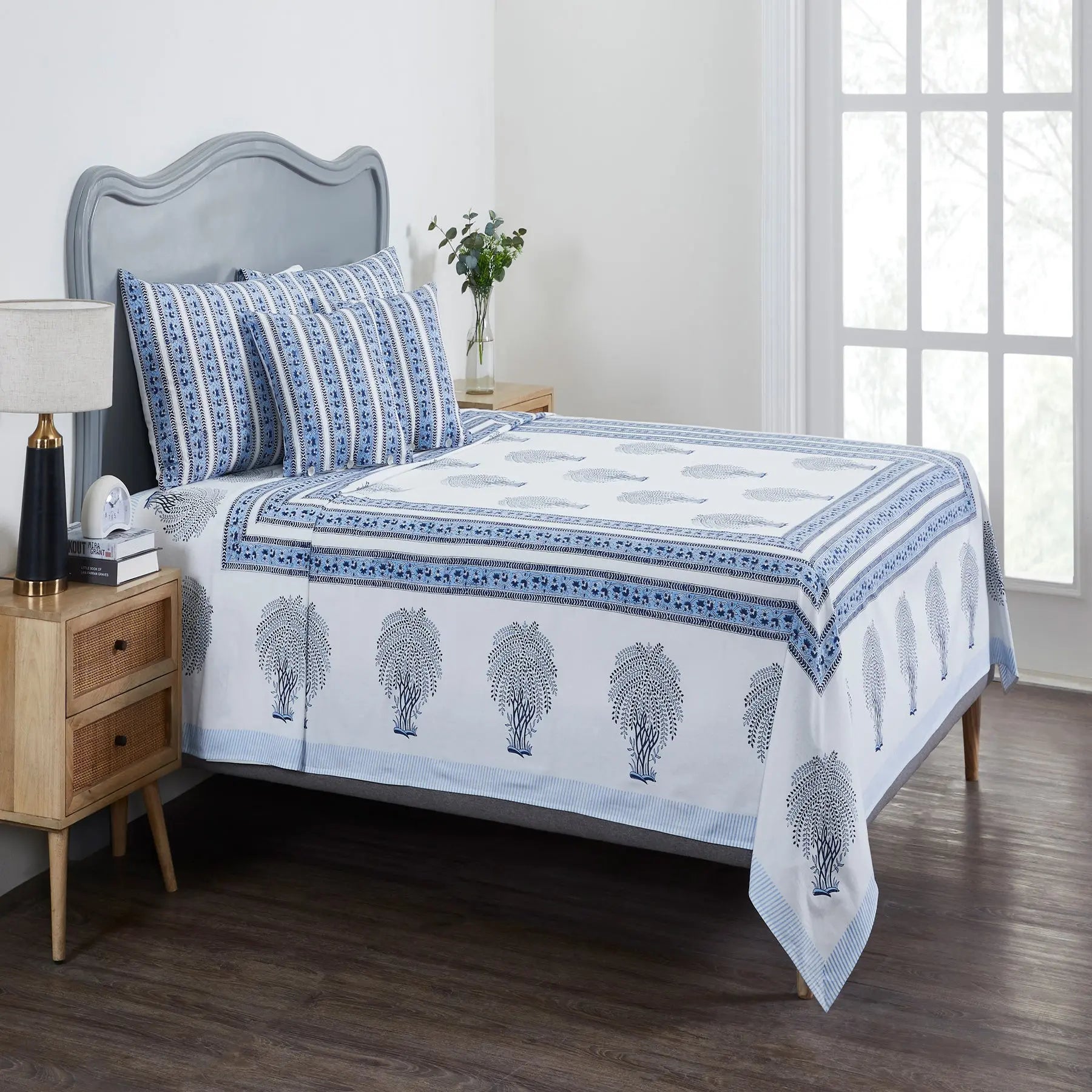 Palm Blue Hand Block Print Cotton Bedcover