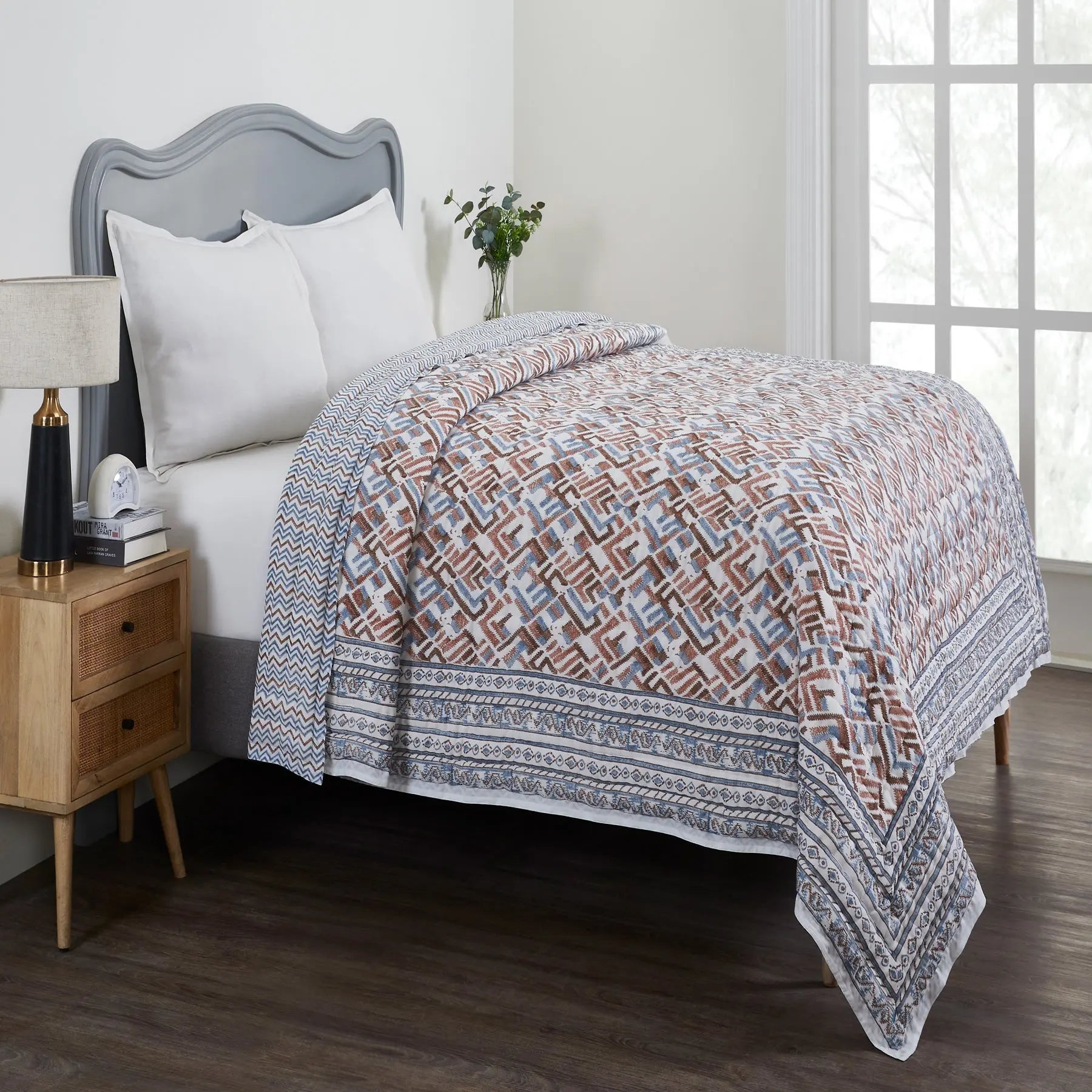 Alcissar Blue & Brown Hand Block Print Lightweight Cotton Quilt