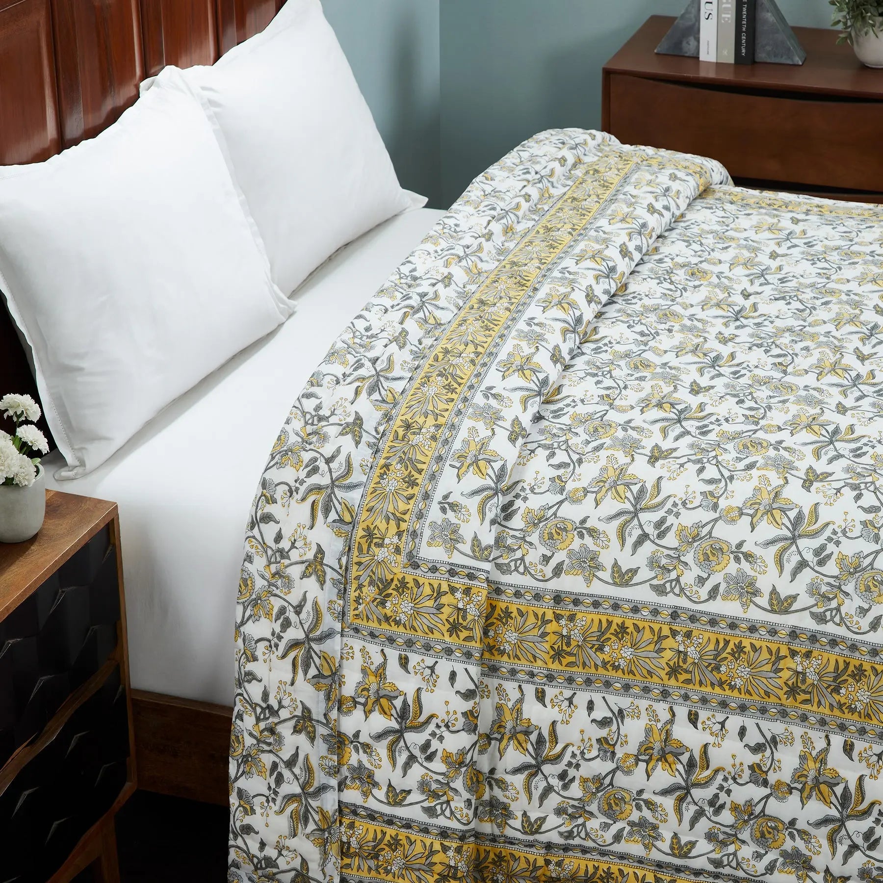 Daisy Yellow & Grey Hand Block Print Lightweight Cotton Quilt