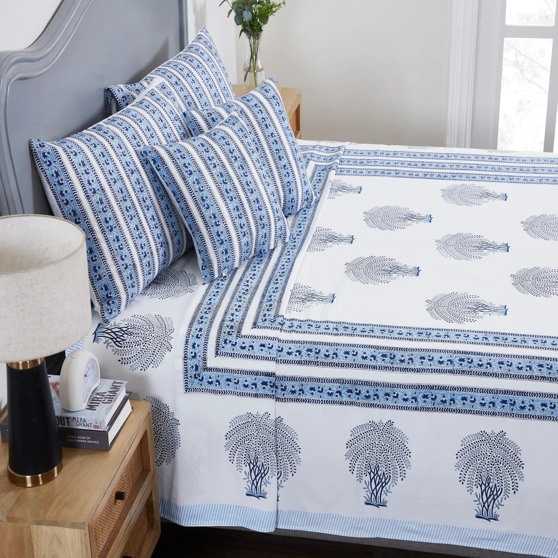 Palm Blue Hand Block Print Cotton Bedcover