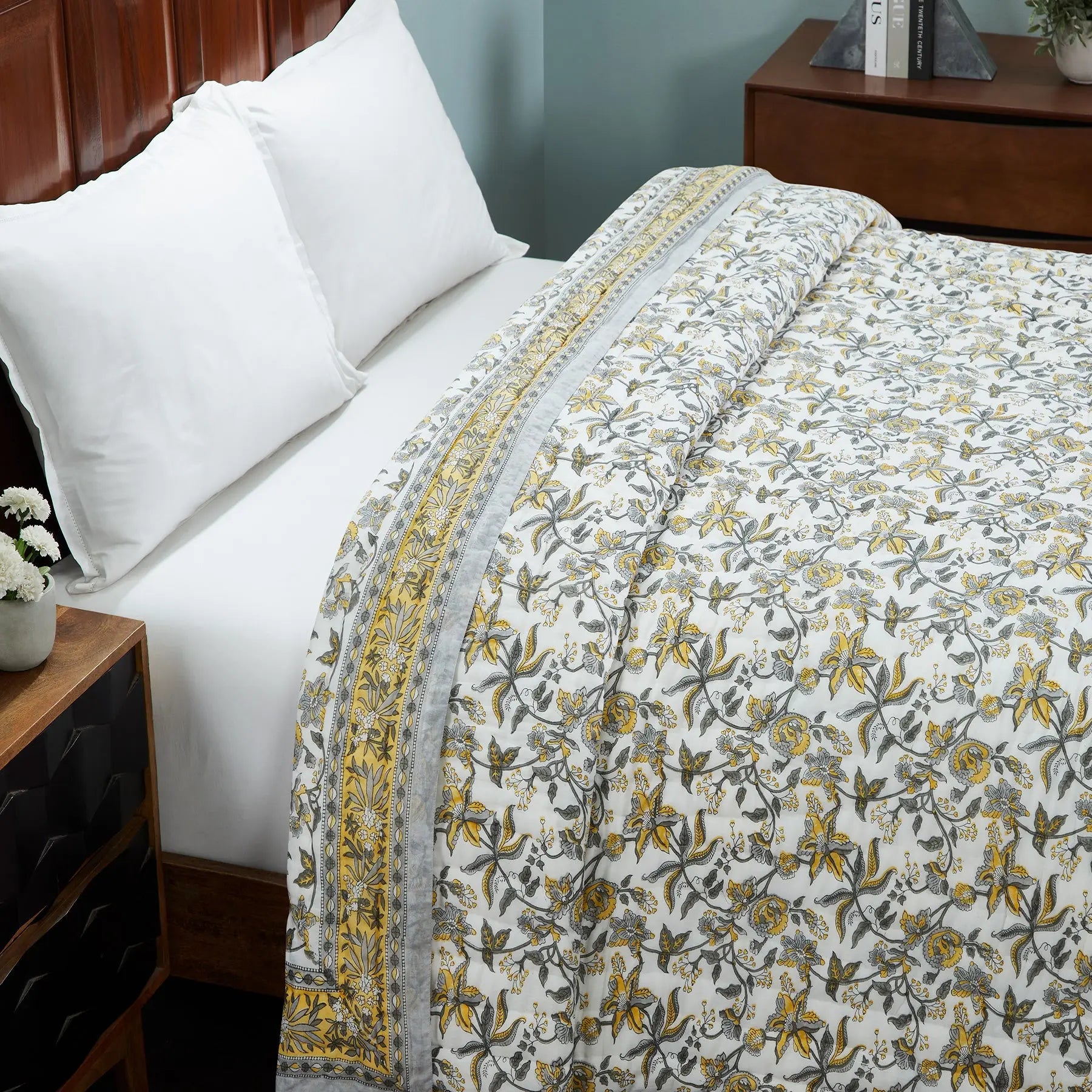 Daisy Yellow & Grey Hand Block Print Lightweight Cotton Quilt