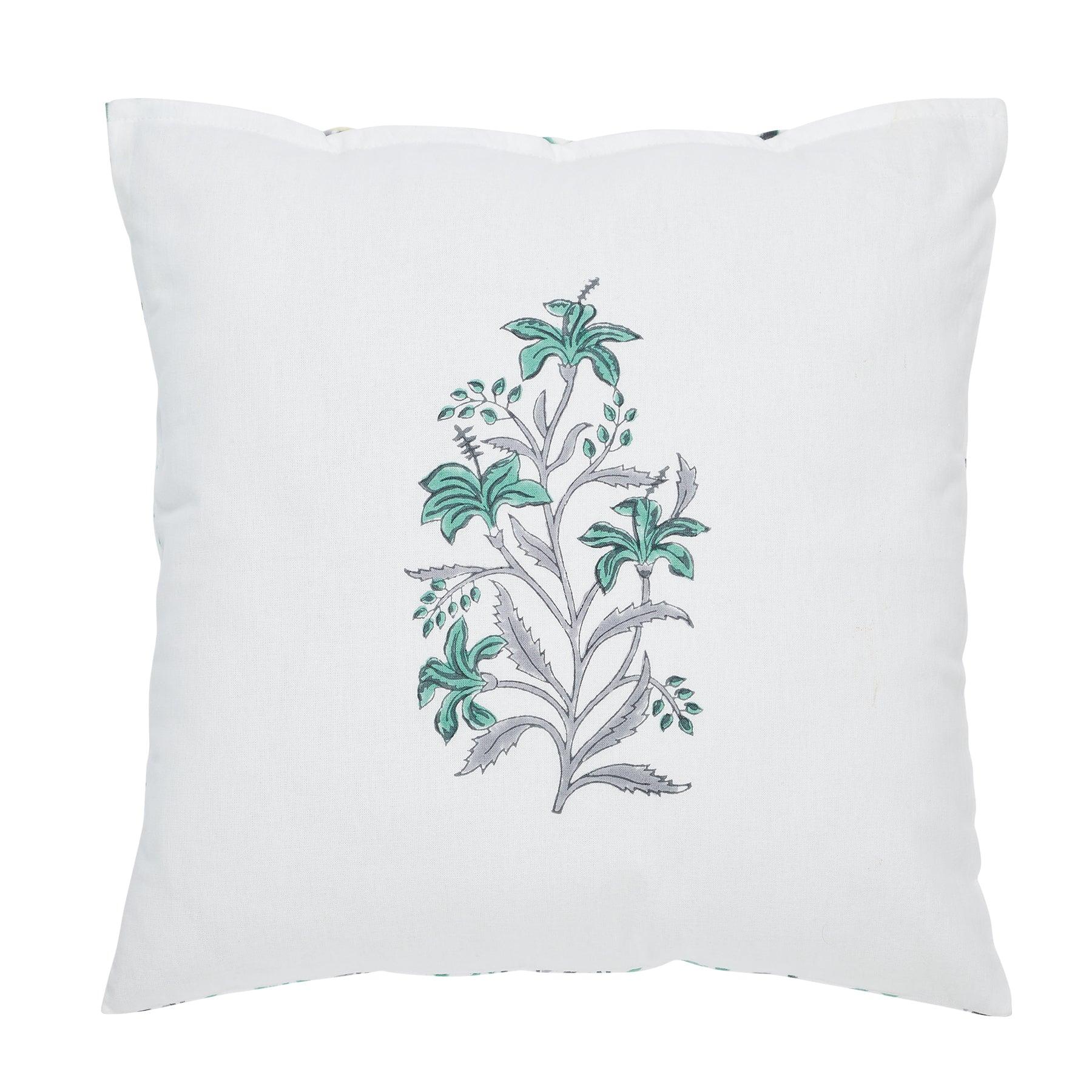 Umang Sea Green & Grey Hand Block Printed Cotton Cushion Cover