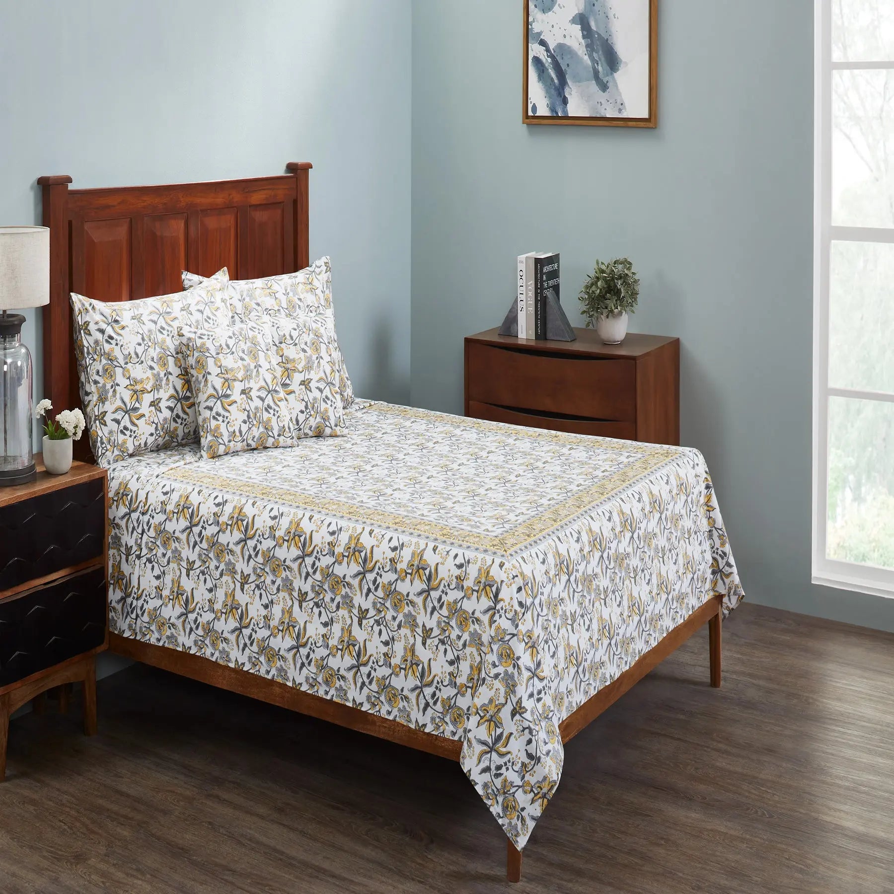 Daisy Yellow & Grey Hand Block Print Cotton Bedcover