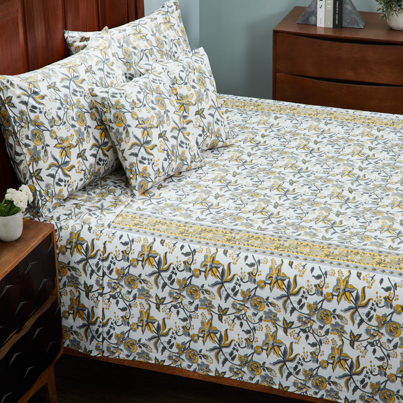 Daisy Yellow & Grey Hand Block Print Cotton Bedcover