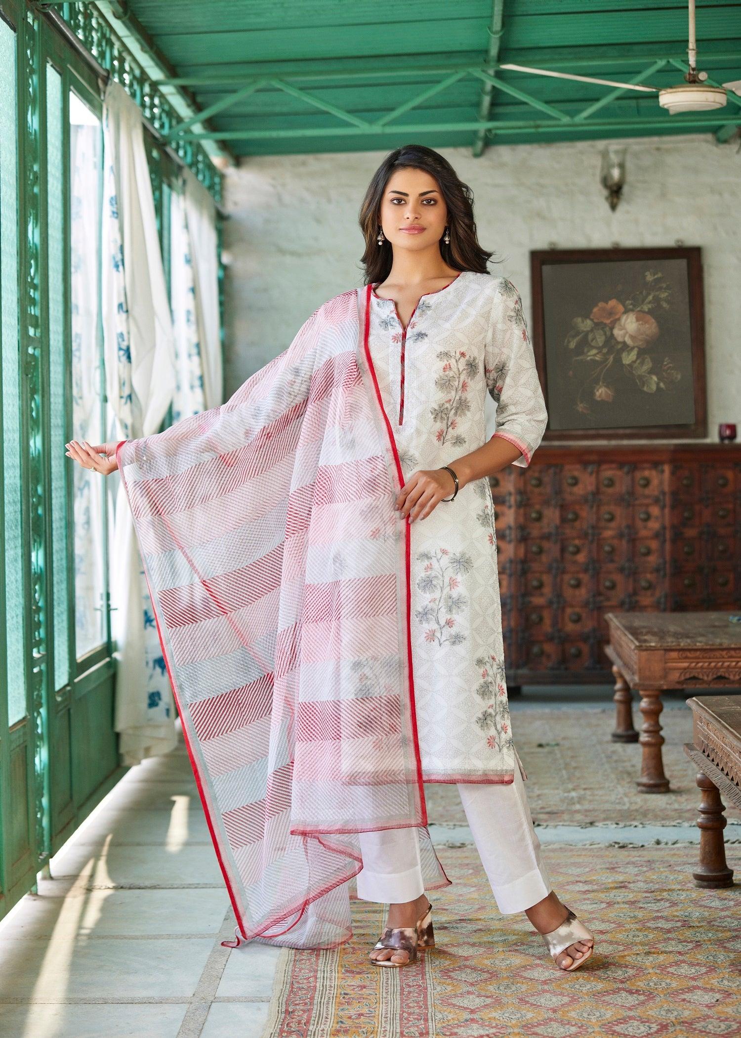 Kota-Doria Straight Kurta & Dupatta Set