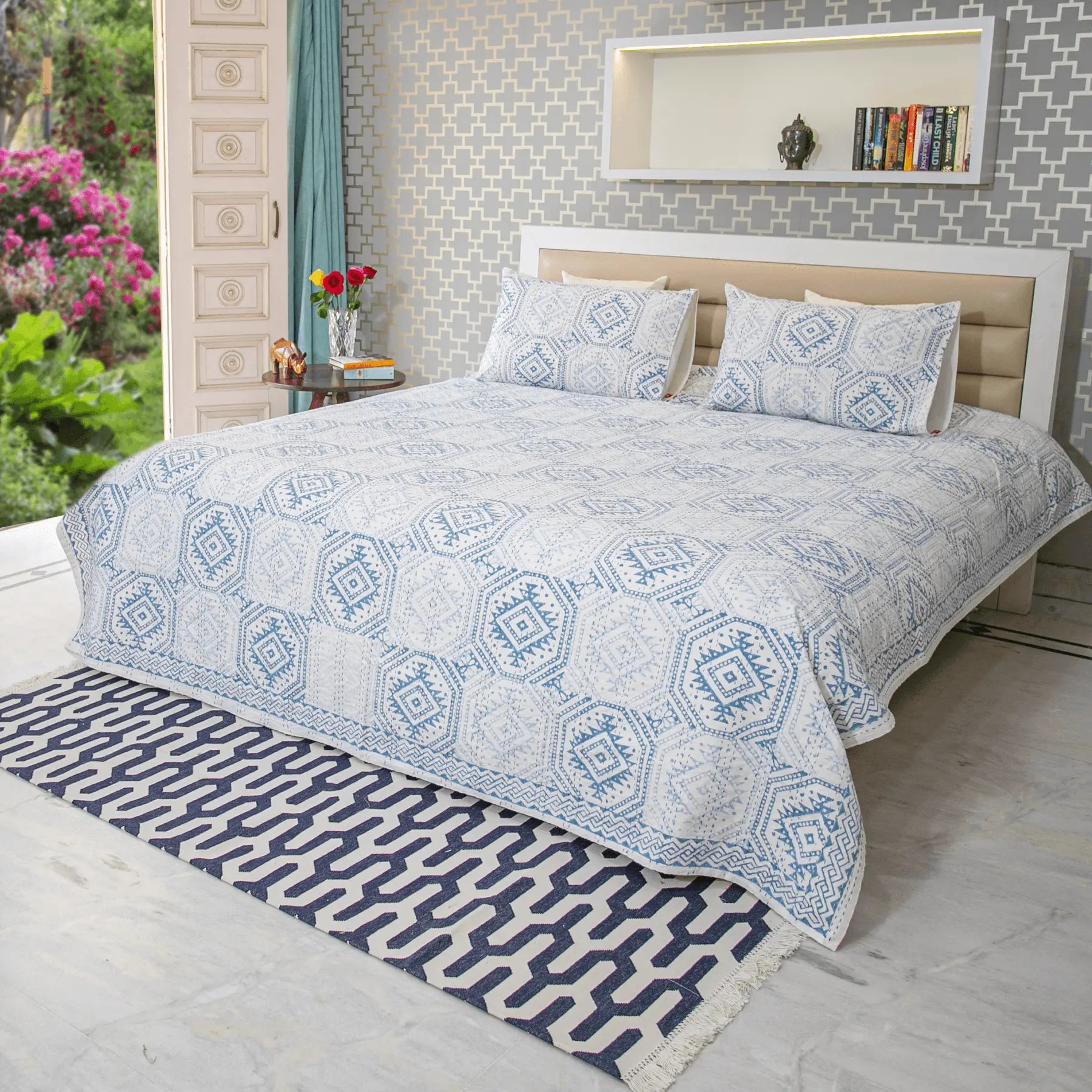 Blue Color Hand Block Printed Katha Bedcover with 2 Pillow Covers