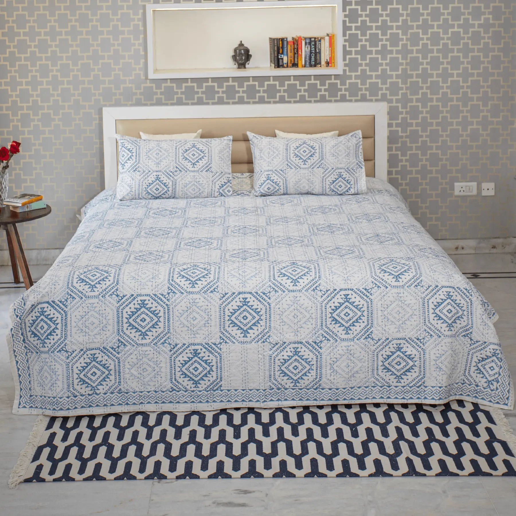 Blue Color Hand Block Printed Katha Bedcover with 2 Pillow Covers