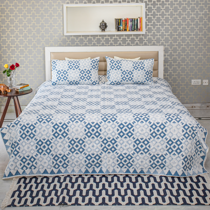 Blue Color Hand Block Printed Katha Bedcover with 2 Pillow Covers