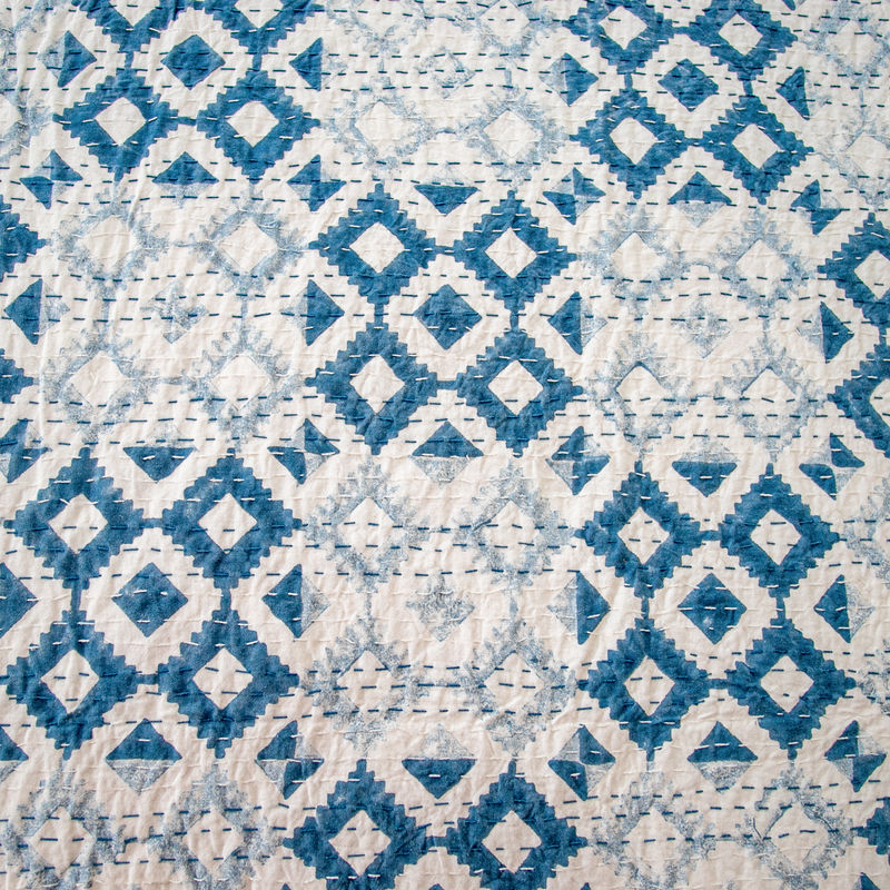 Blue Color Hand Block Printed Katha Bedcover with 2 Pillow Covers