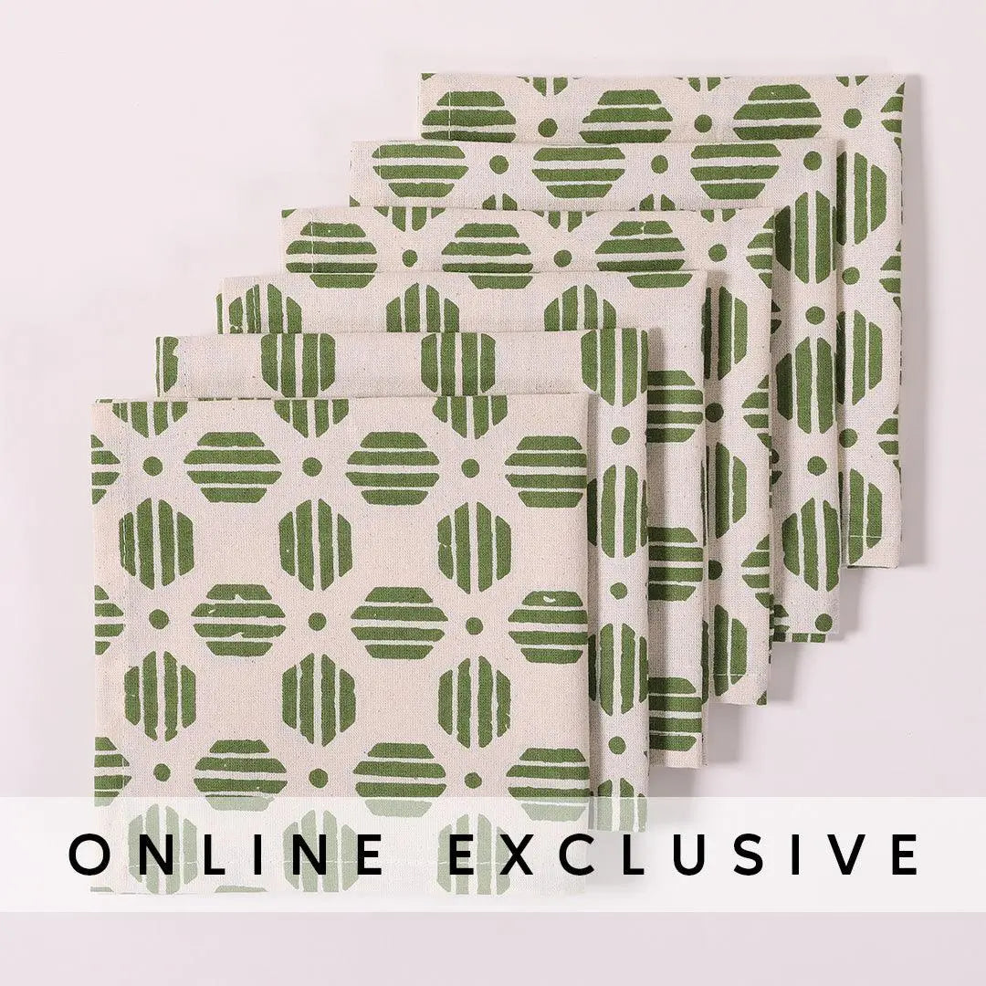 Moss Green Cotton Printed Cocktail Napkin Set of 6