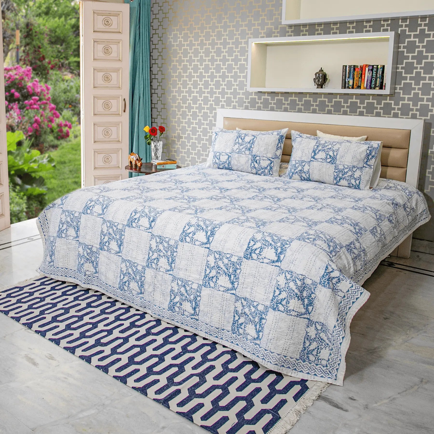 Blue Color Hand Block Printed Katha Bedcover with 2 Pillow Covers