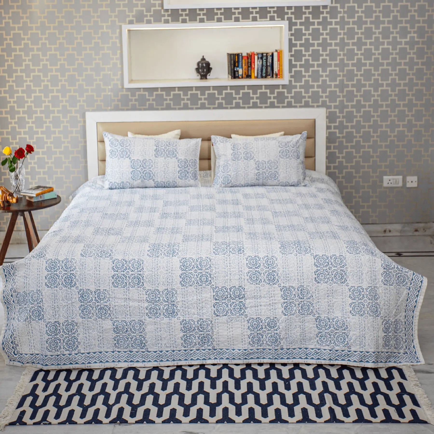 Blue Color Hand Block Printed Katha Bedcover with 2 Pillow Covers