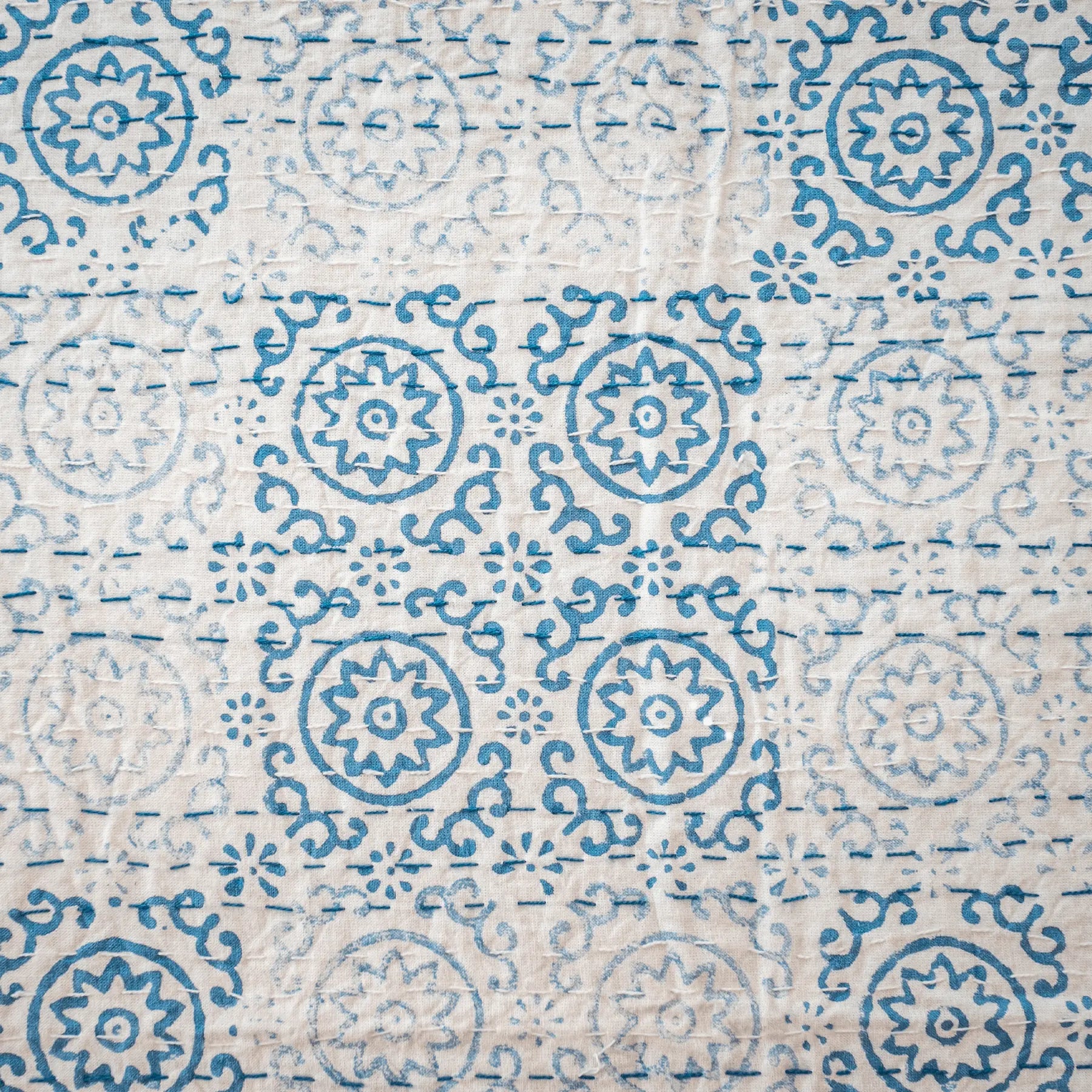 Blue Color Hand Block Printed Katha Bedcover with 2 Pillow Covers