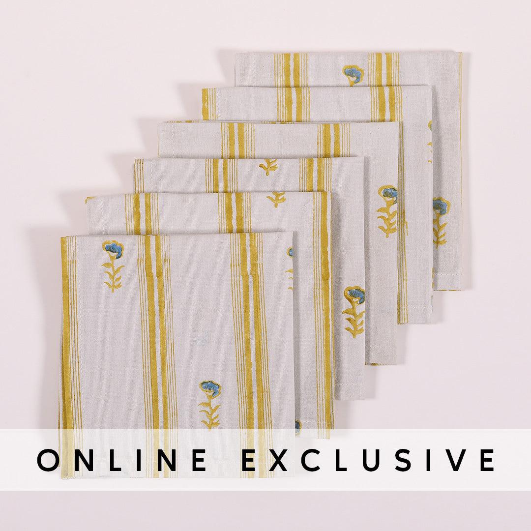 Yellow Cotton Printed Cocktail Napkin Set of 6