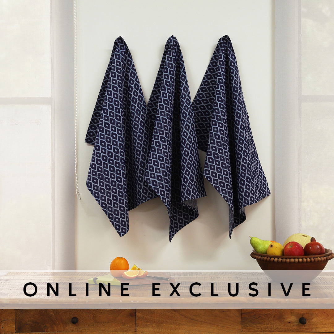 Ikat Blue Cotton Kitchen Towel Set of 3