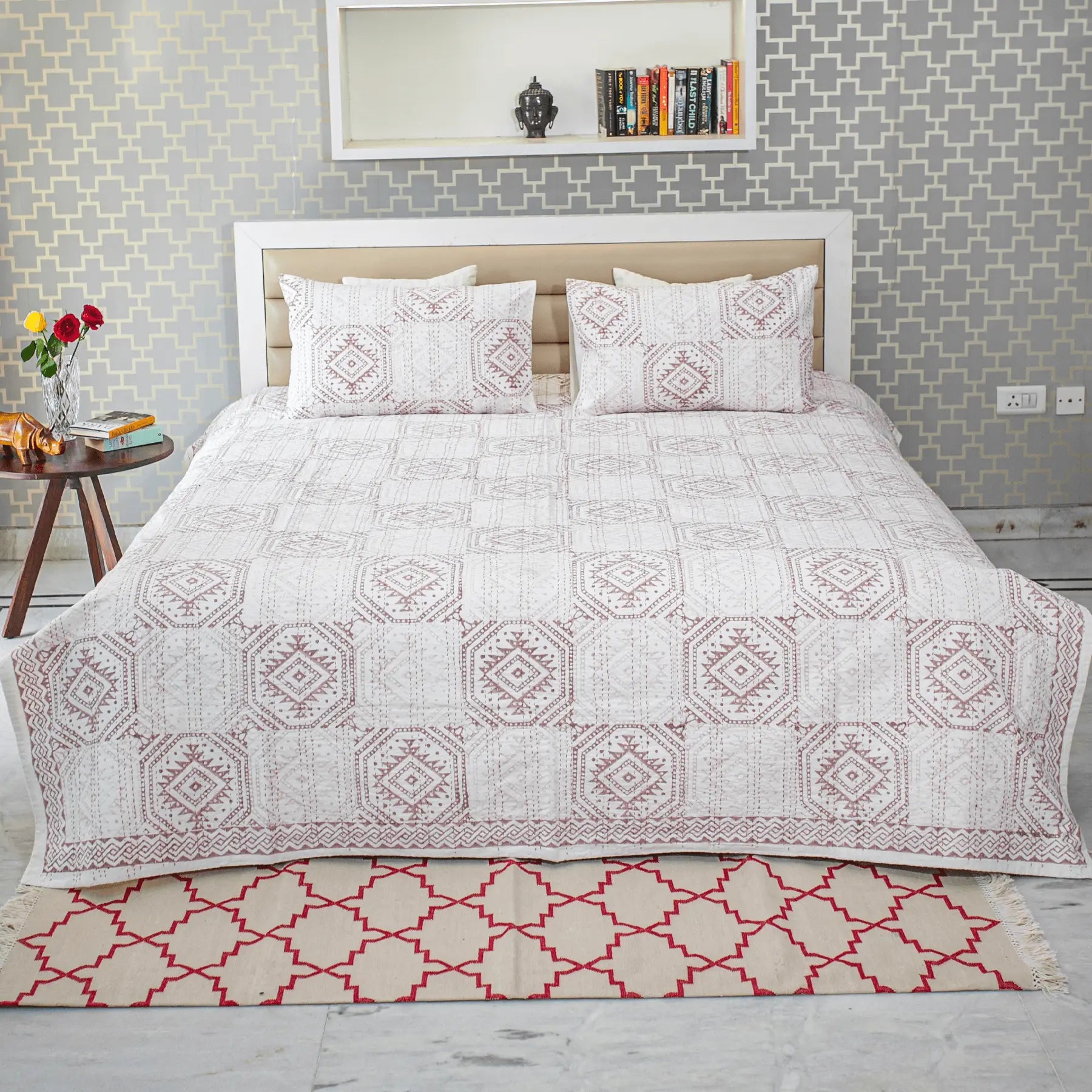 Pink Color Hand Block Printed Katha Bedcover with 2 Pillow Covers