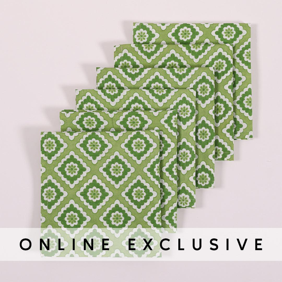 Green Cotton Printed Cocktail Napkin Set of 6