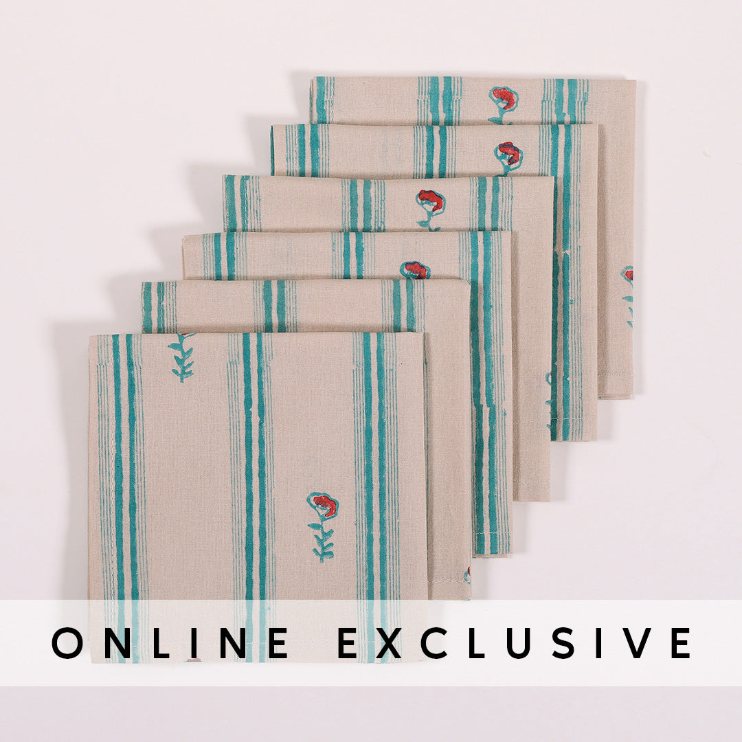 Blue Cotton Printed Cocktail Napkin Set of 6