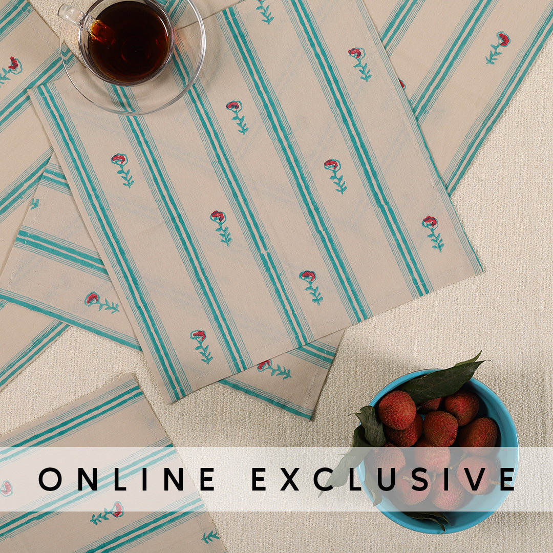 Blue Cotton Printed Cocktail Napkin Set of 6