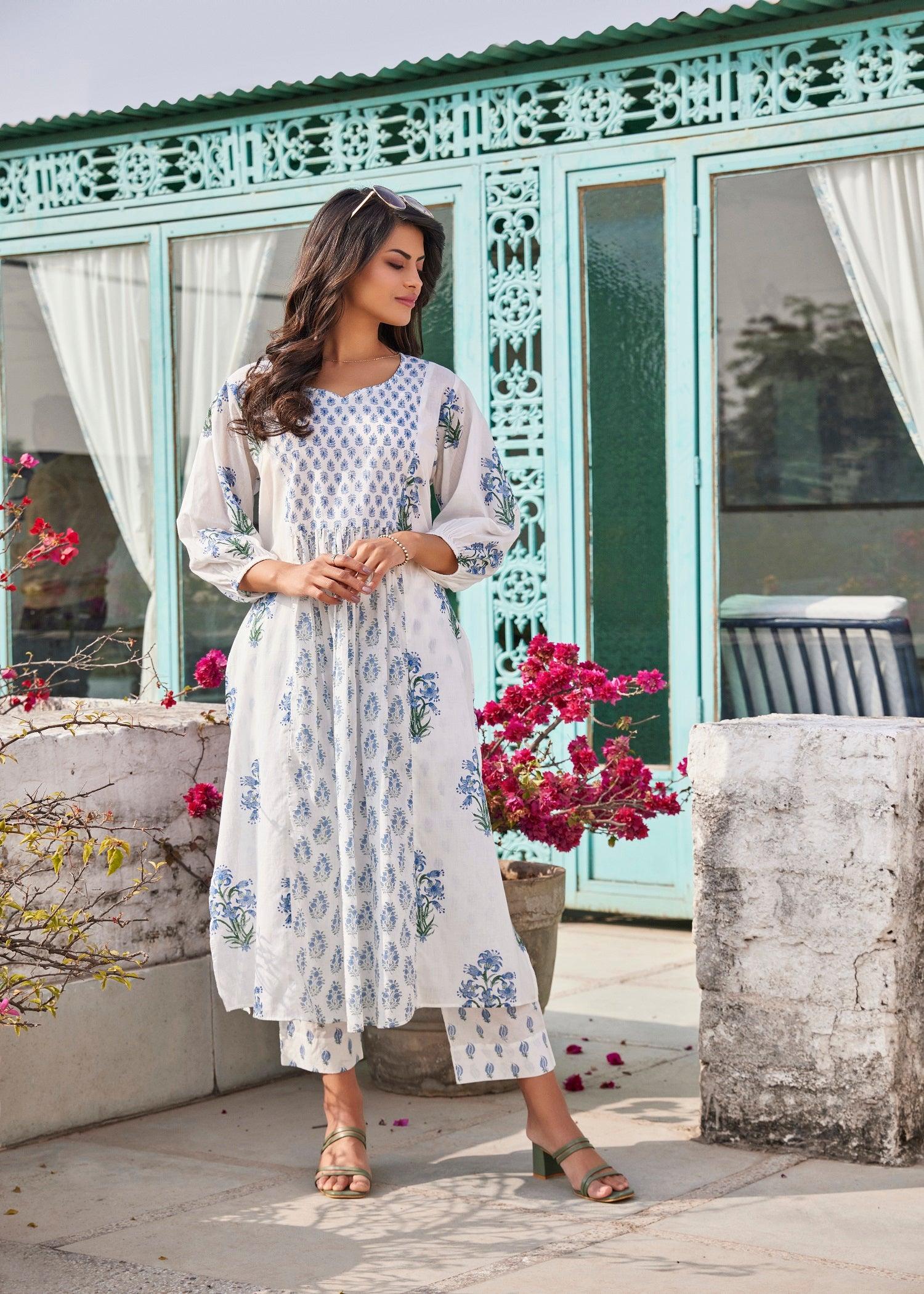 Kajri White/Blue Losse Fit Kurta