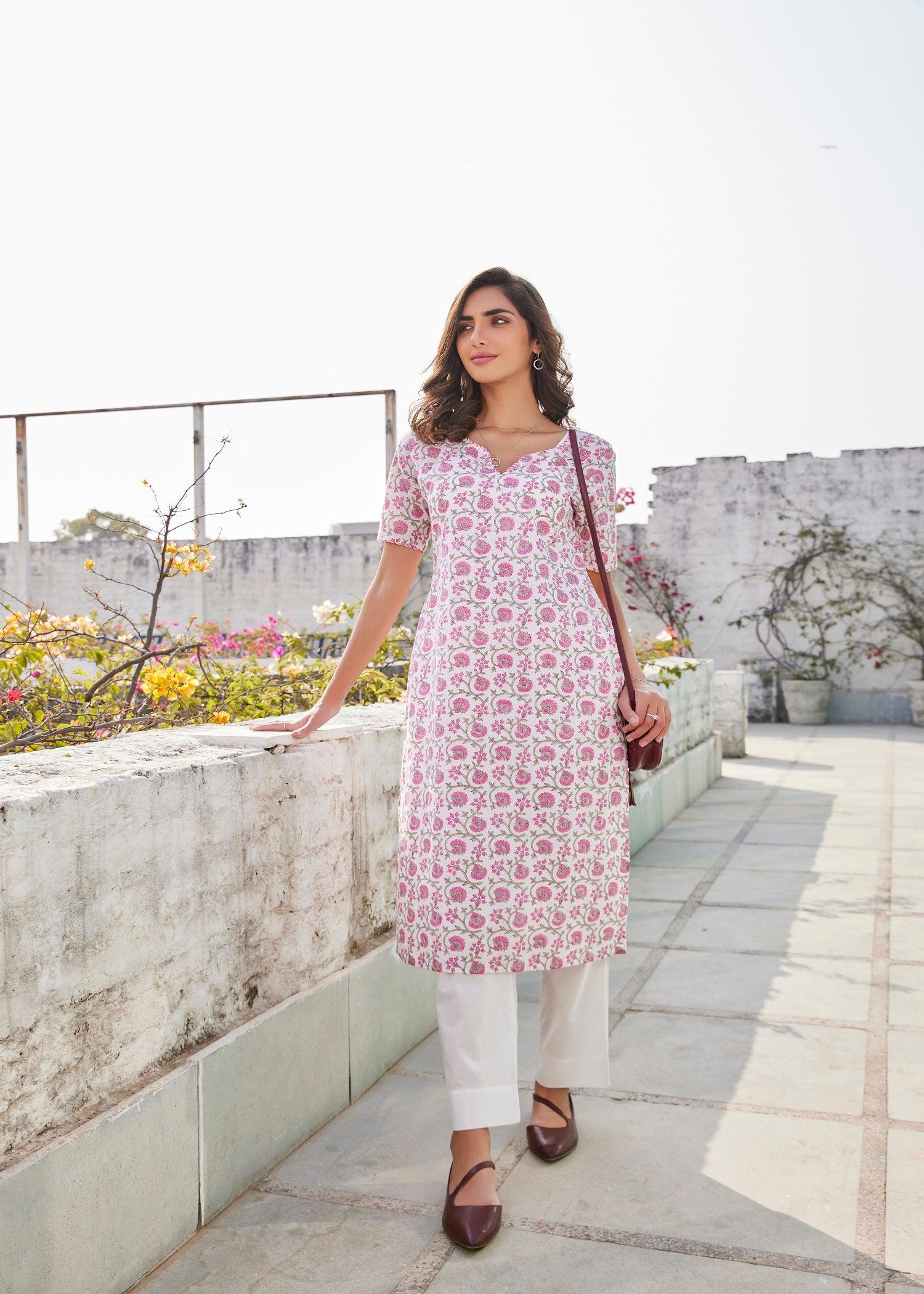 Basic White/Pink Cotton Straight Kurta