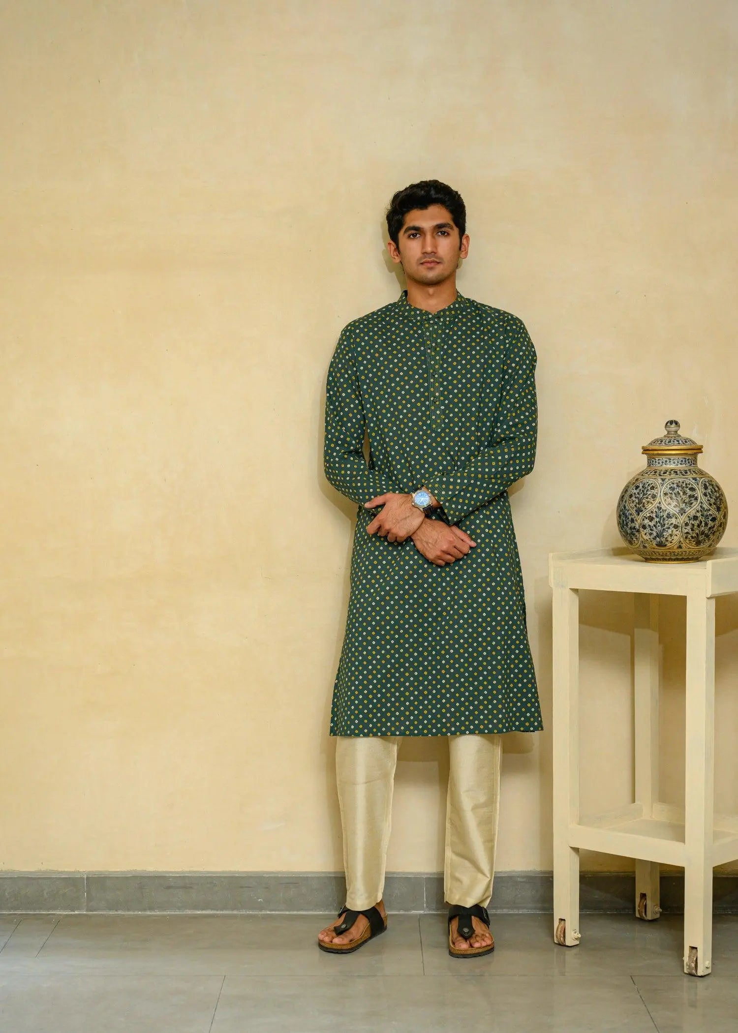 Green Regular Cotton Men's Long Kurta