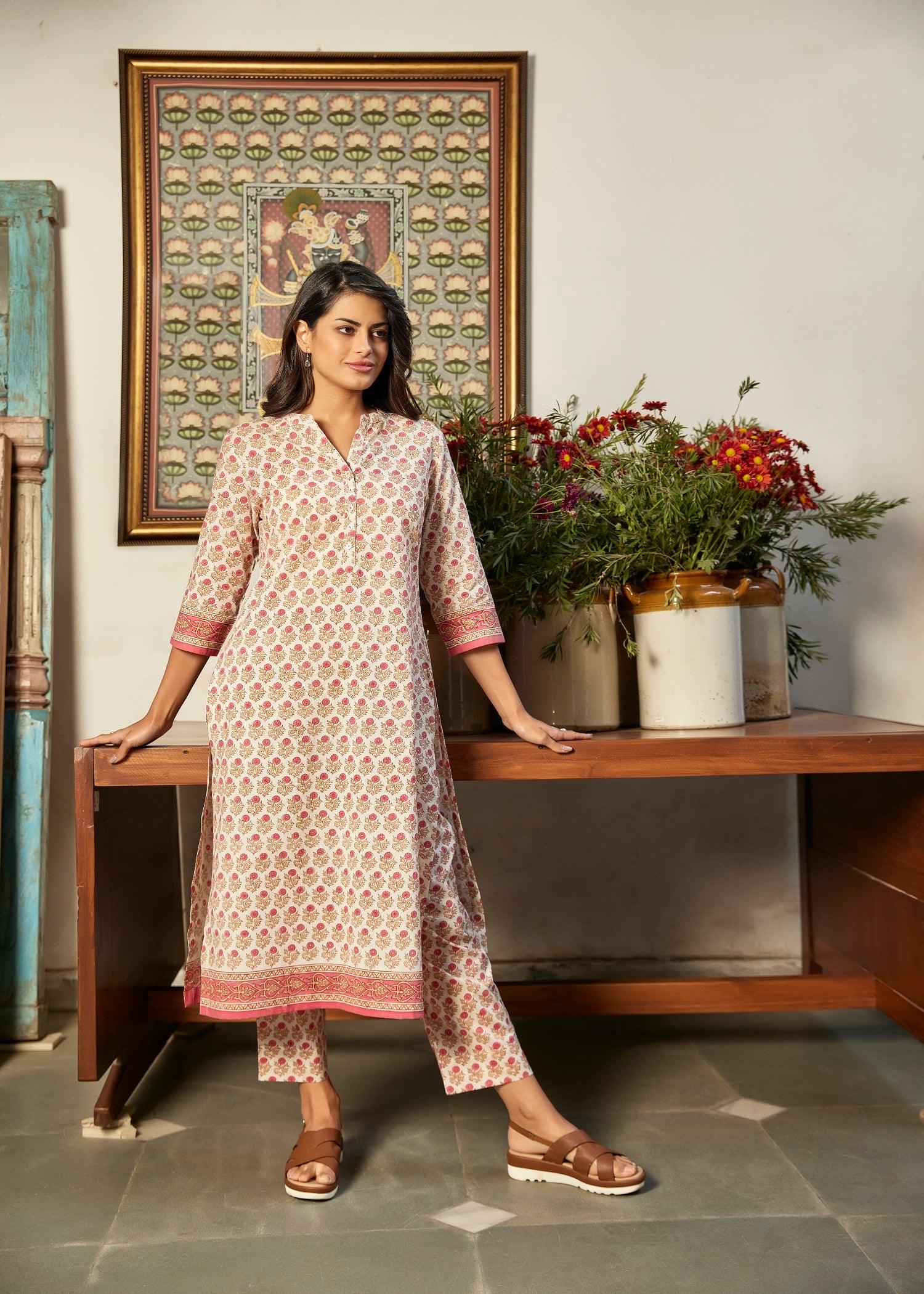 Smiriti Cream/Pink Cotton Straight Kurta