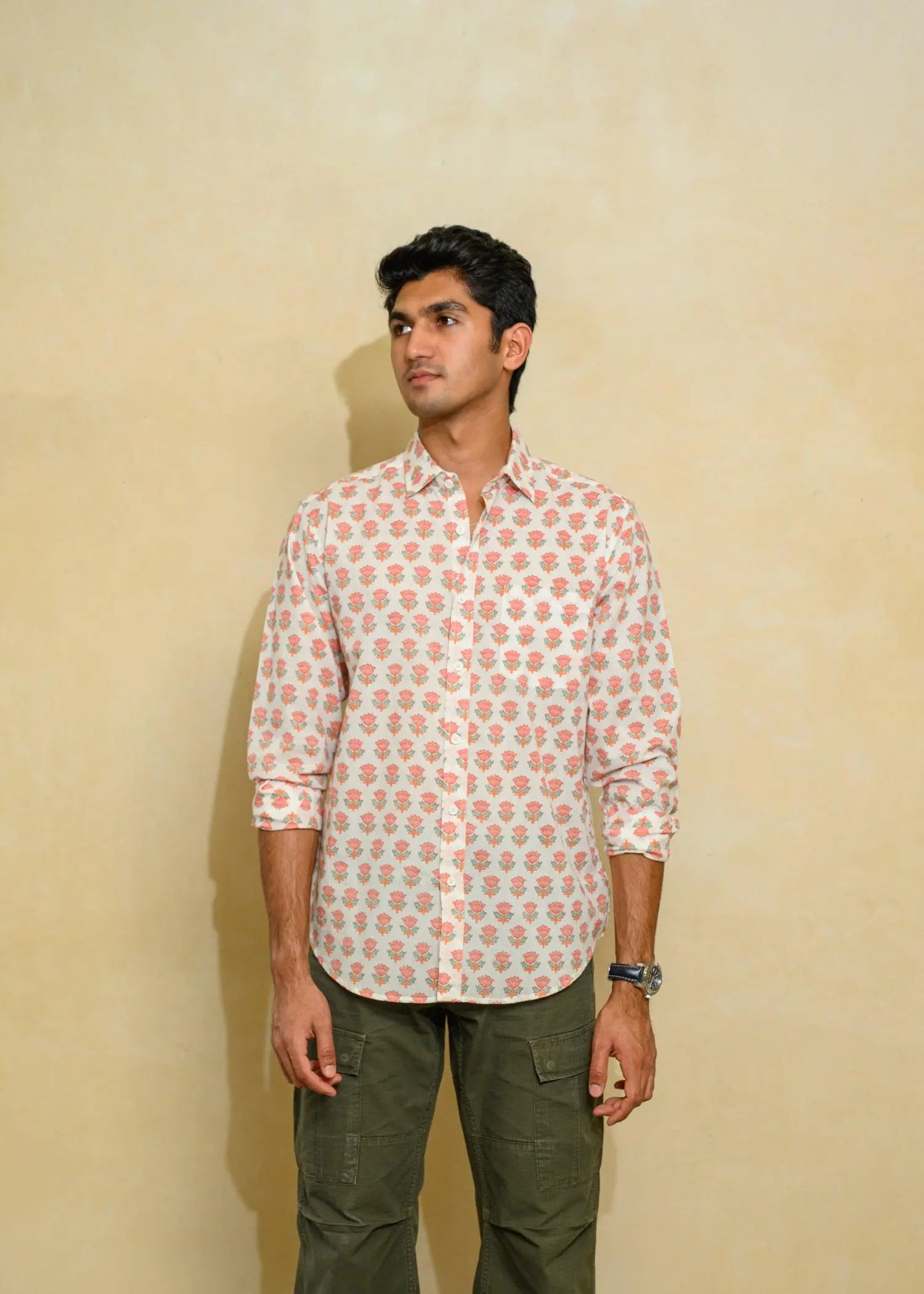 White & Peach Regular Cotton Full Sleeves Shirt