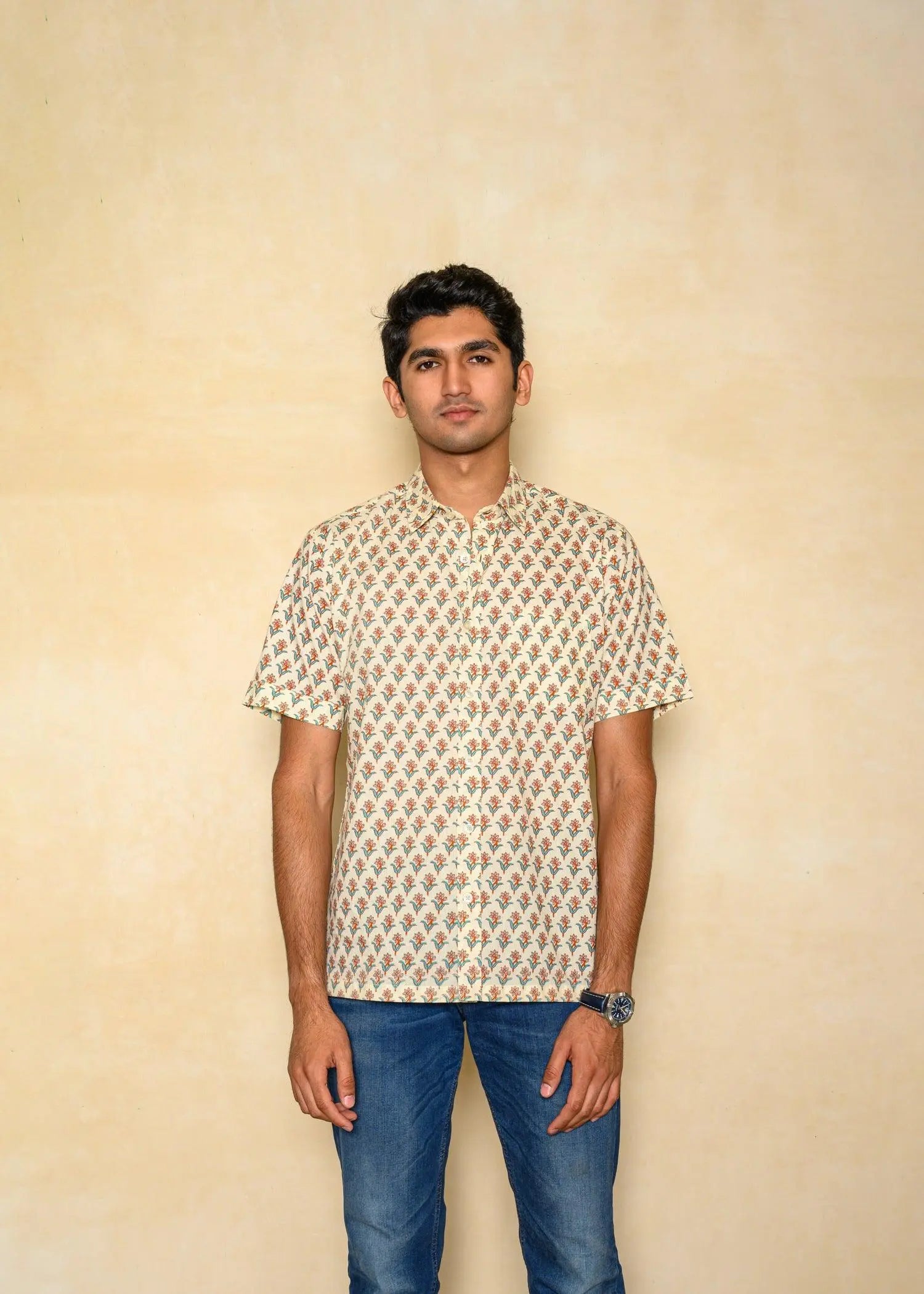 Cream Regular Cotton Half Sleeves Shirt