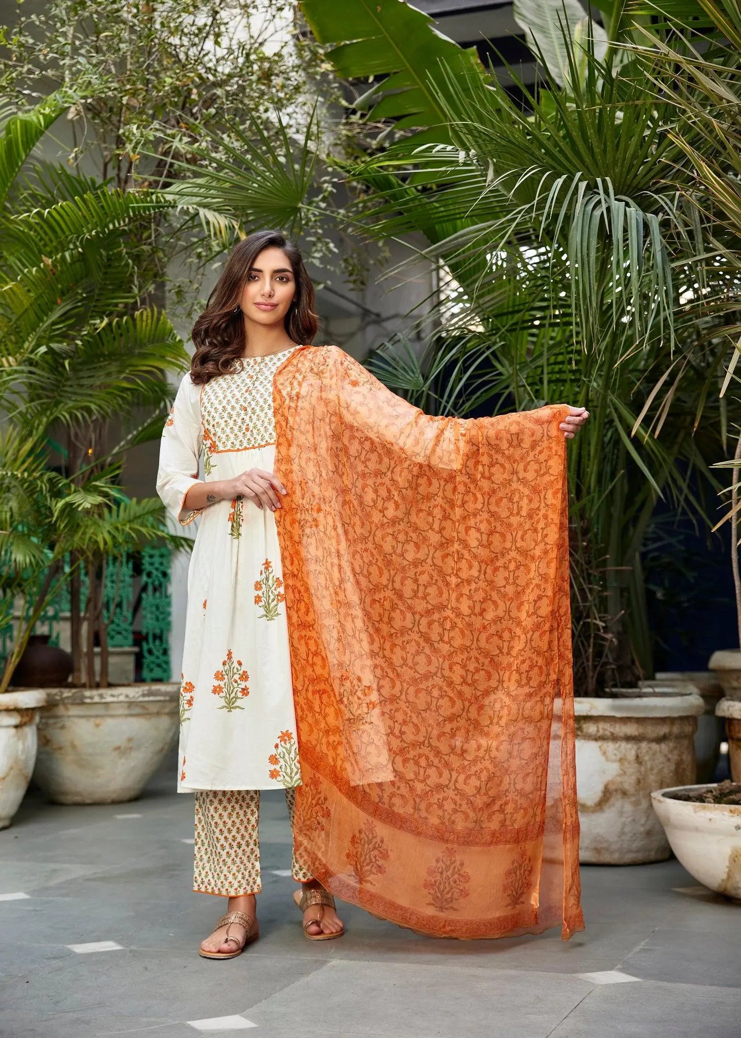 Falak White /Orange Cotton Suit Set