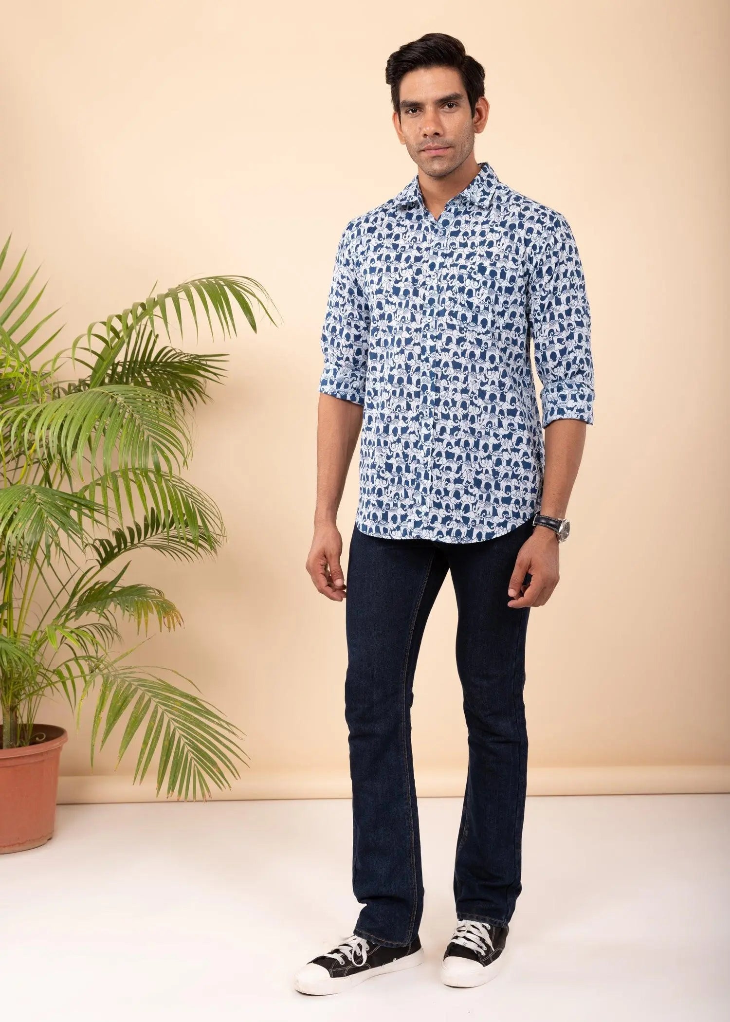 Navy Regular Cotton Full Sleeves Shirt