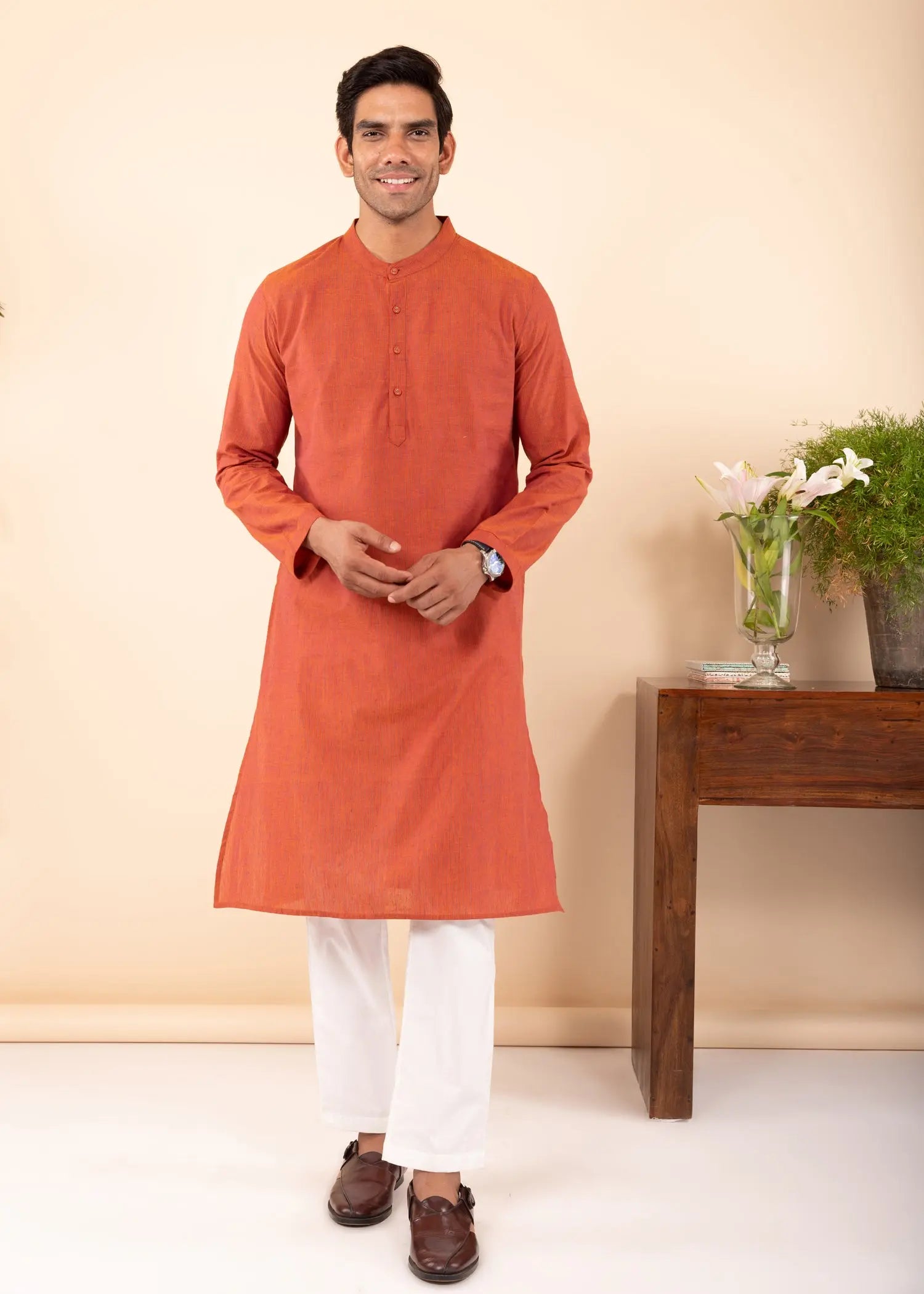 Orange Regular Woven Cotton Full Sleeve Chinese Collar Long Kurta