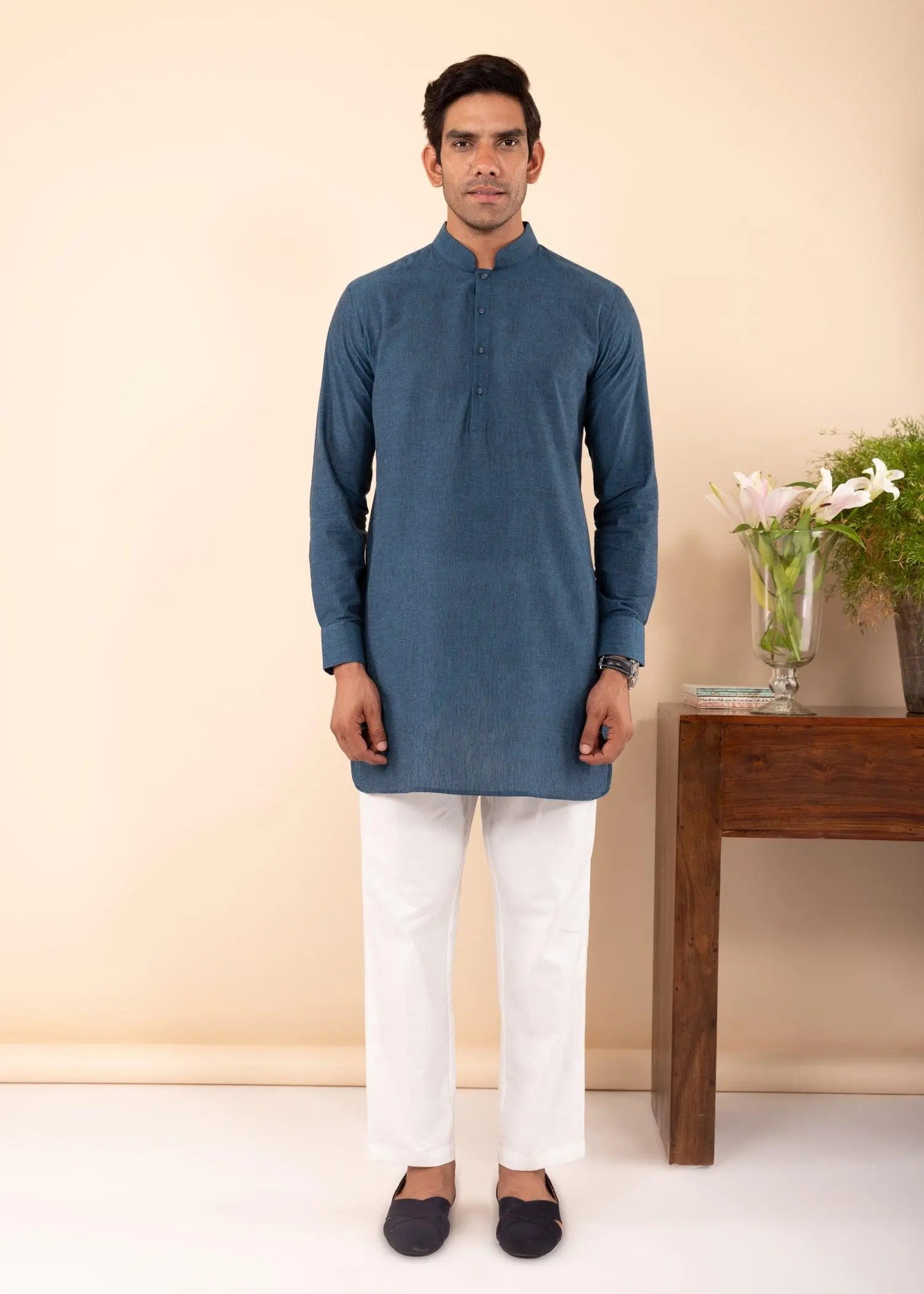 Sailor Blue Regular Woven Cotton Men's Short Kurta