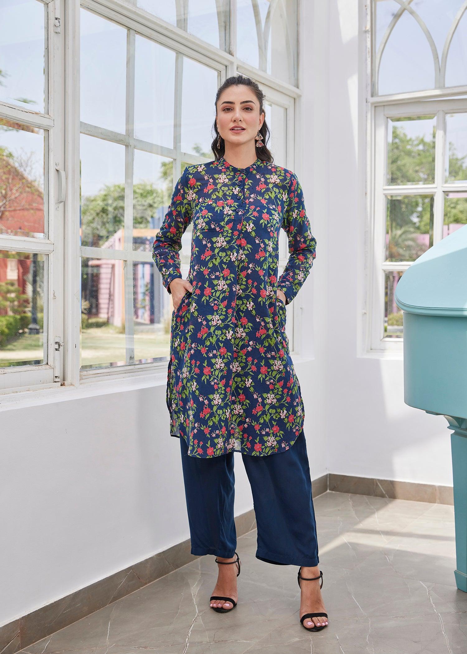 Dark Denim Regular Voile Kareeno Kurta