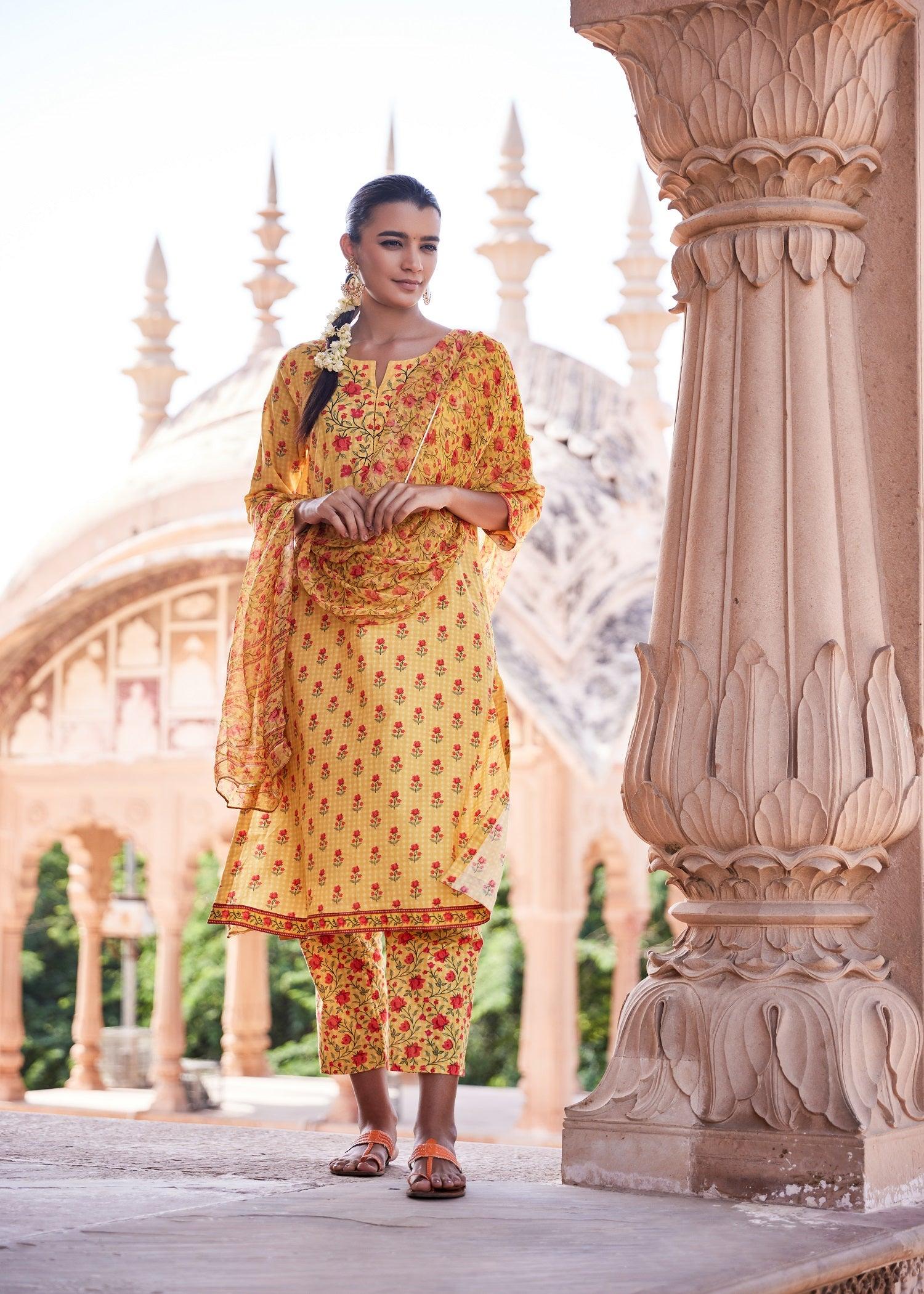 Rangrez Yellow Color Calf Length Classic Long  Cotton Kurta