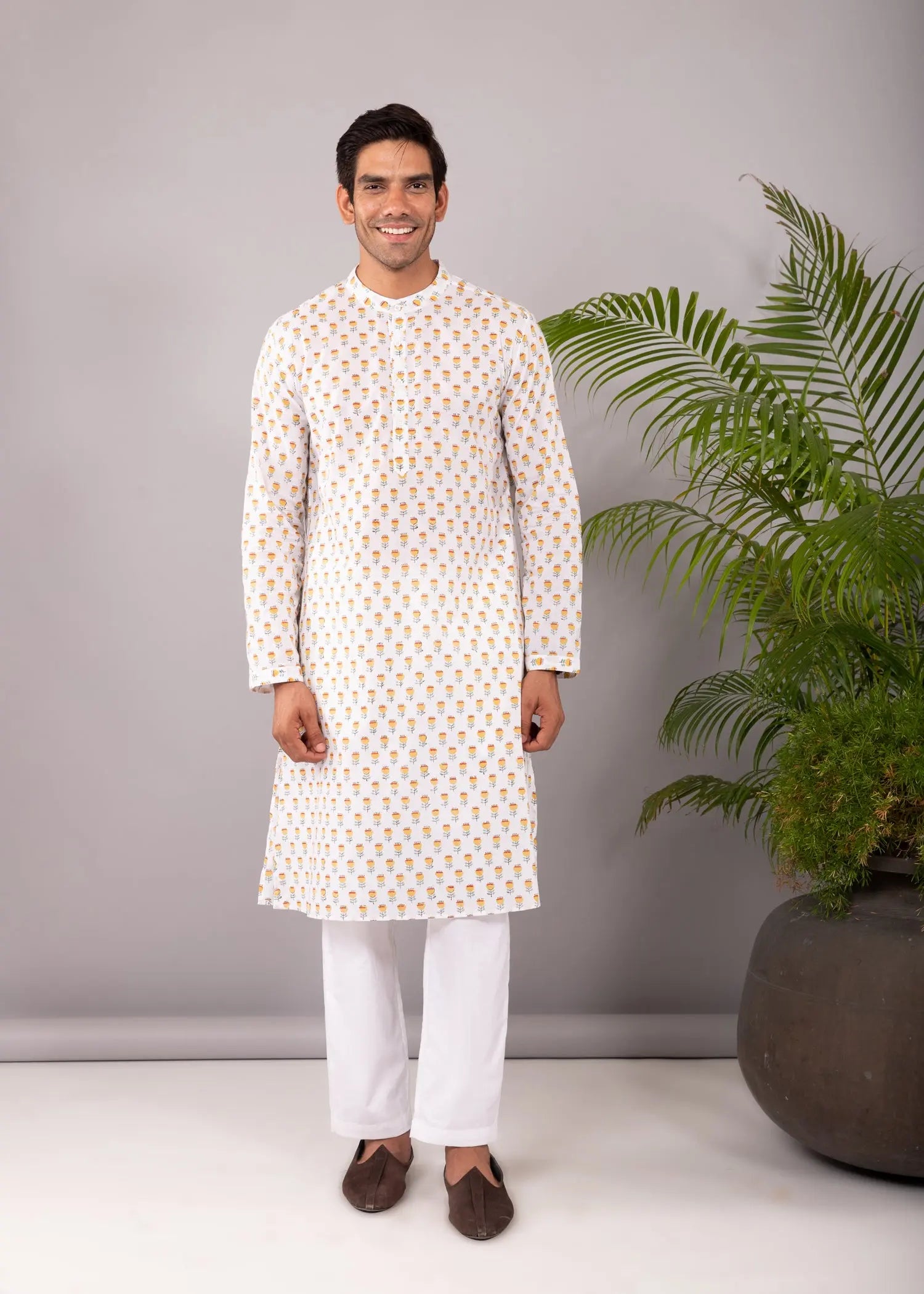 Yellow Regular Cotton Full Sleeve Chinese Collar Long Kurta