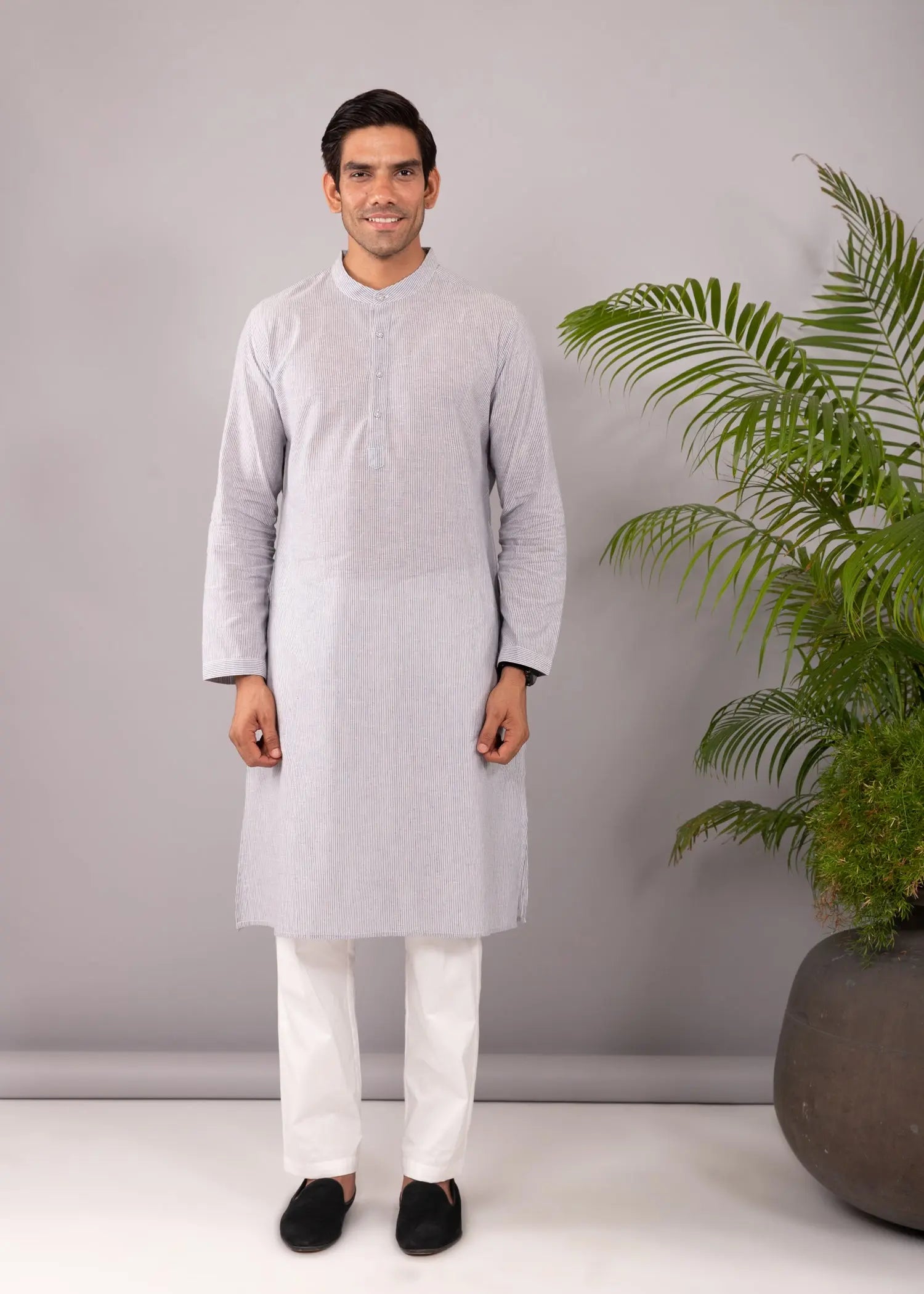 White & Light Blue Regular Woven Cotton Full Sleeve Chinese Collar Long Kurta