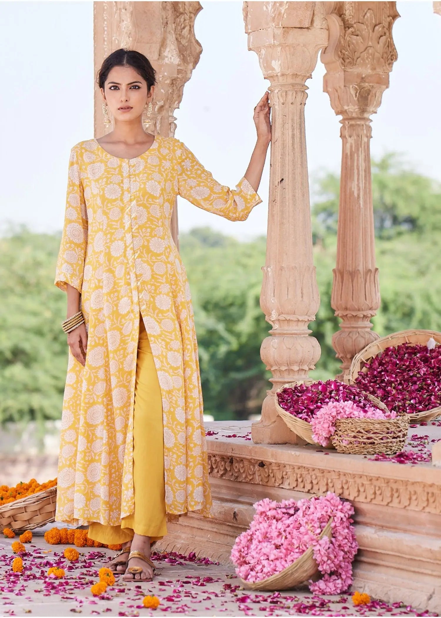 Yellow Flared Viscose Kurta