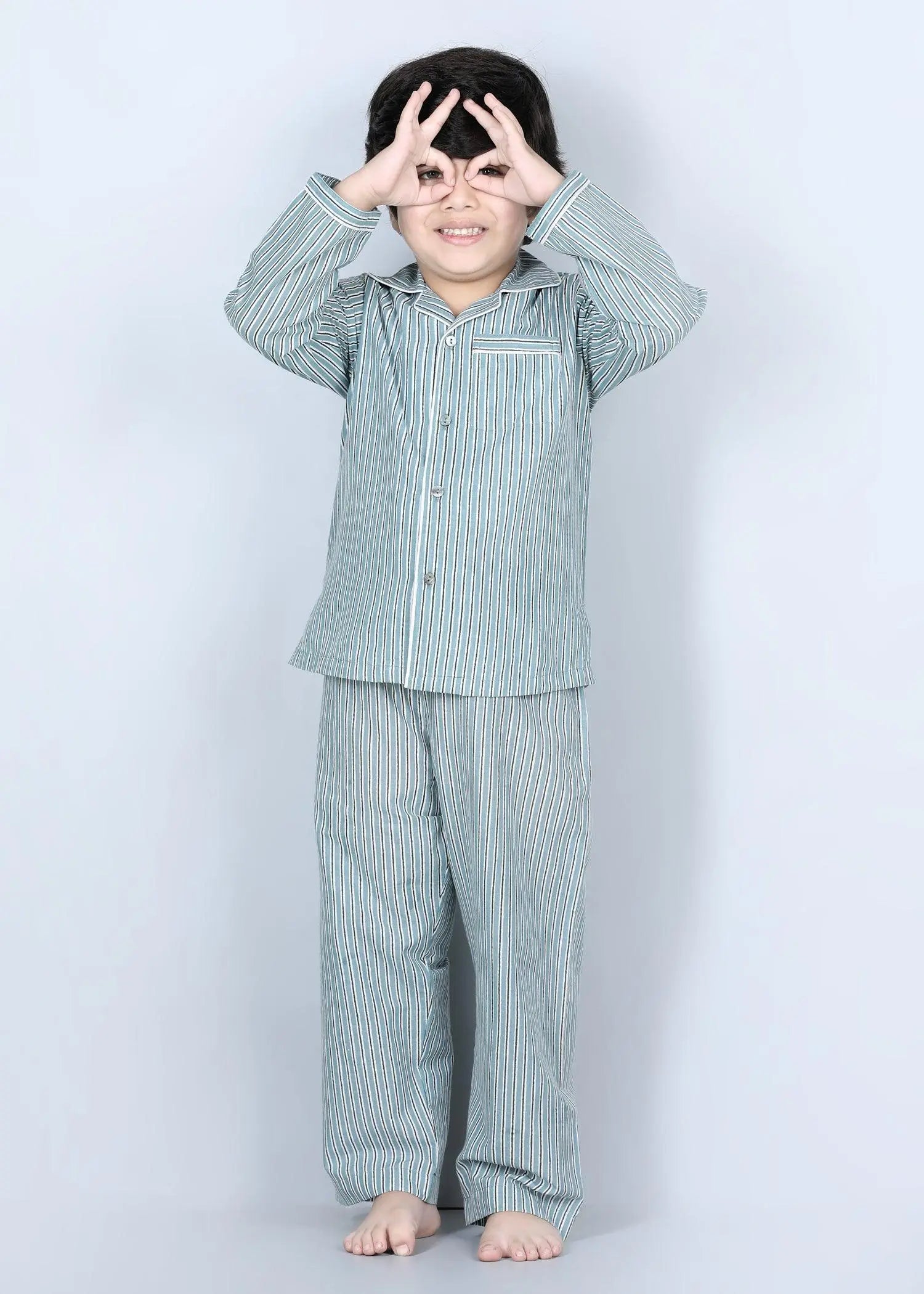 Stripes Green Cotton Full Sleeves Night Suit (1-12 Years)