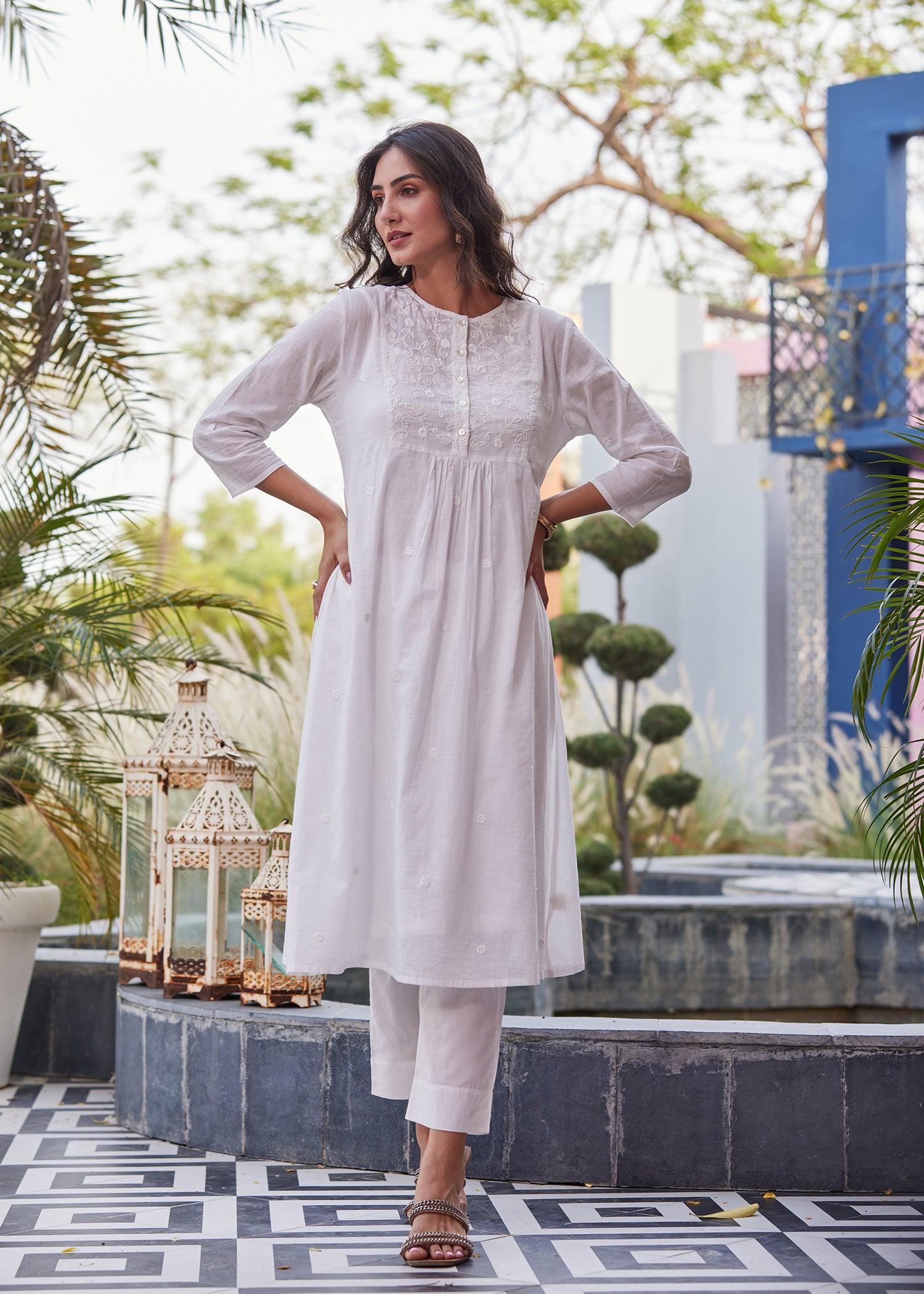 Off White Semi Flared Voile Long Kurta