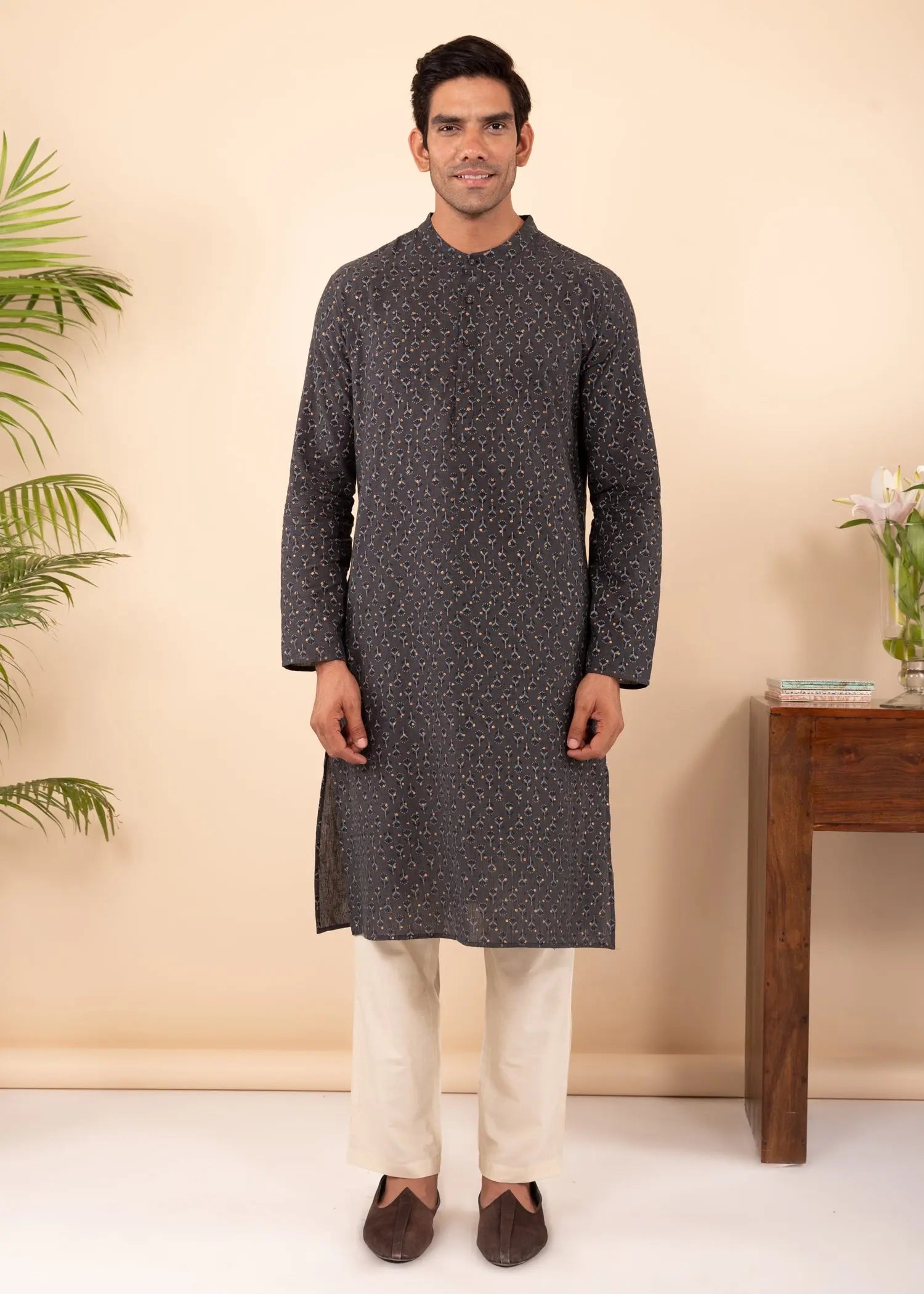 Grey Regular Woven Cotton Men's Long Kurta