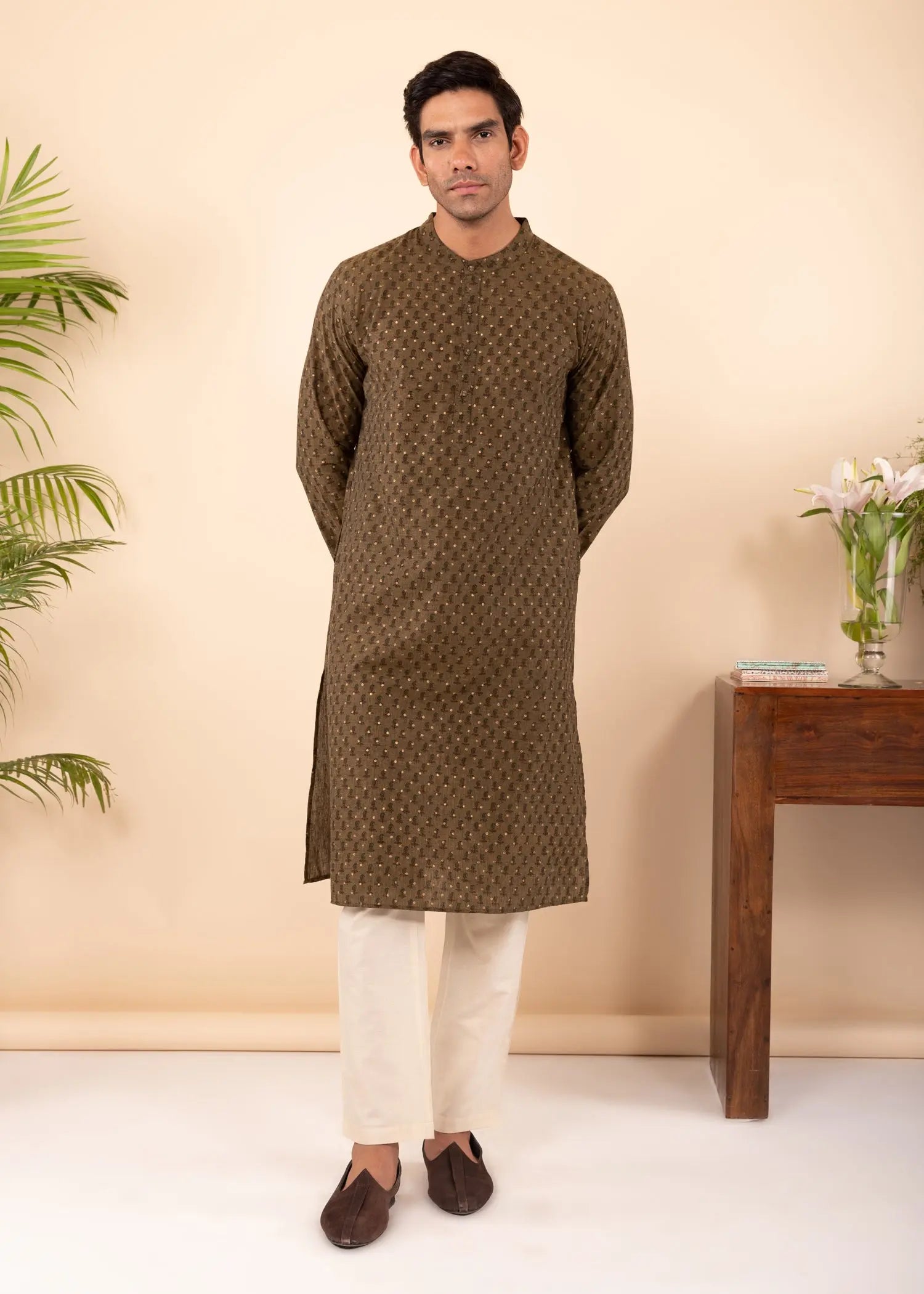 Olive Green Regular Woven Cotton Men's Long Kurta