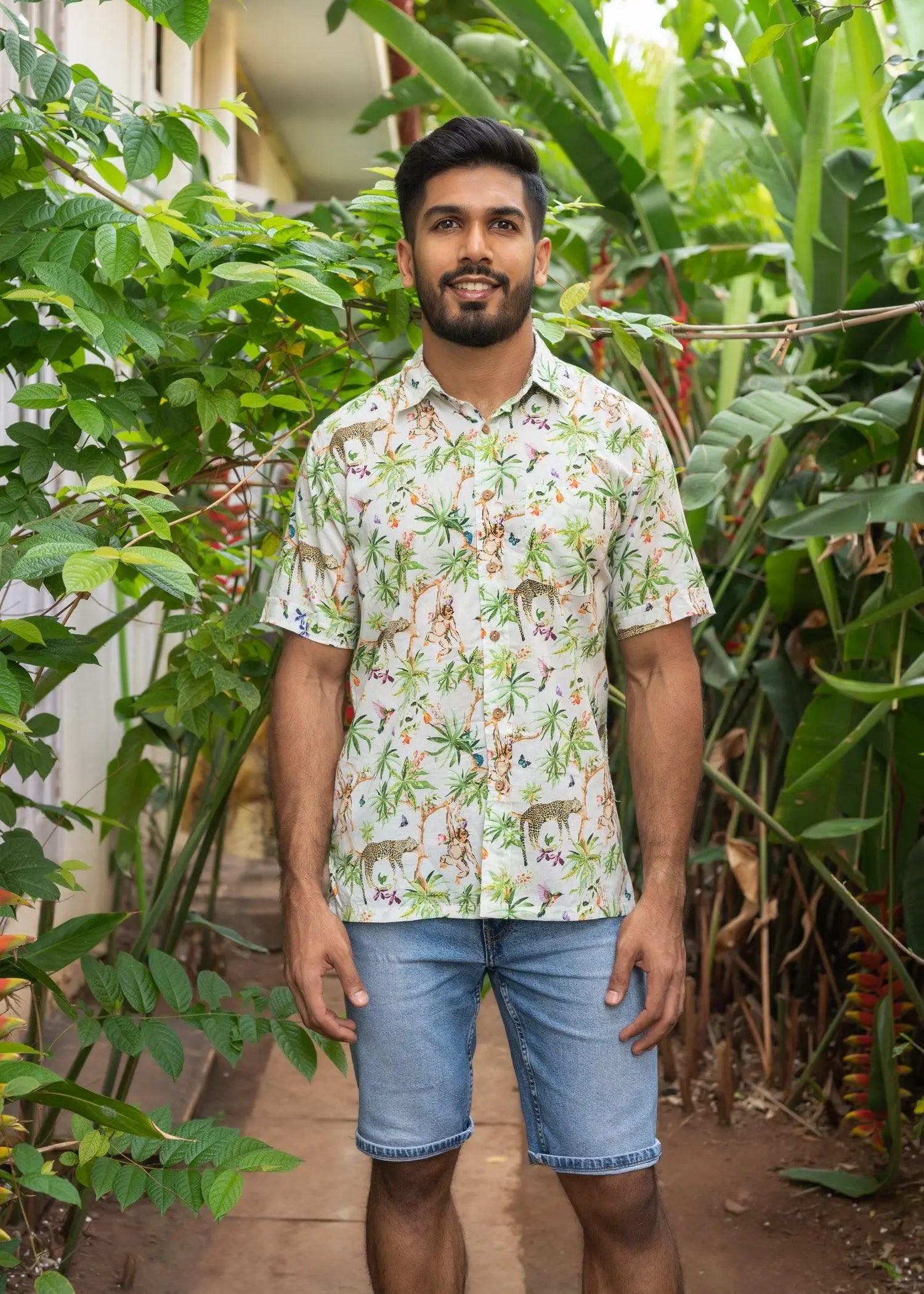 White Lazy Leopard Cotton Half Sleeves Shirt