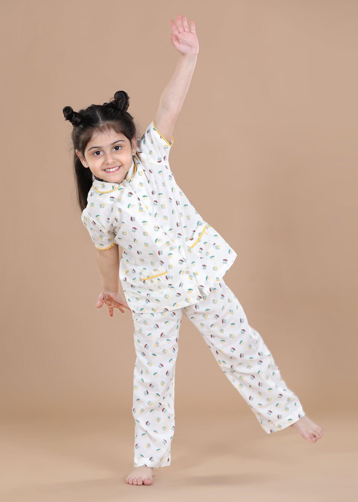 Bees Cream Half Sleeves Cotton Nighsuit Girl (1-12 Years)