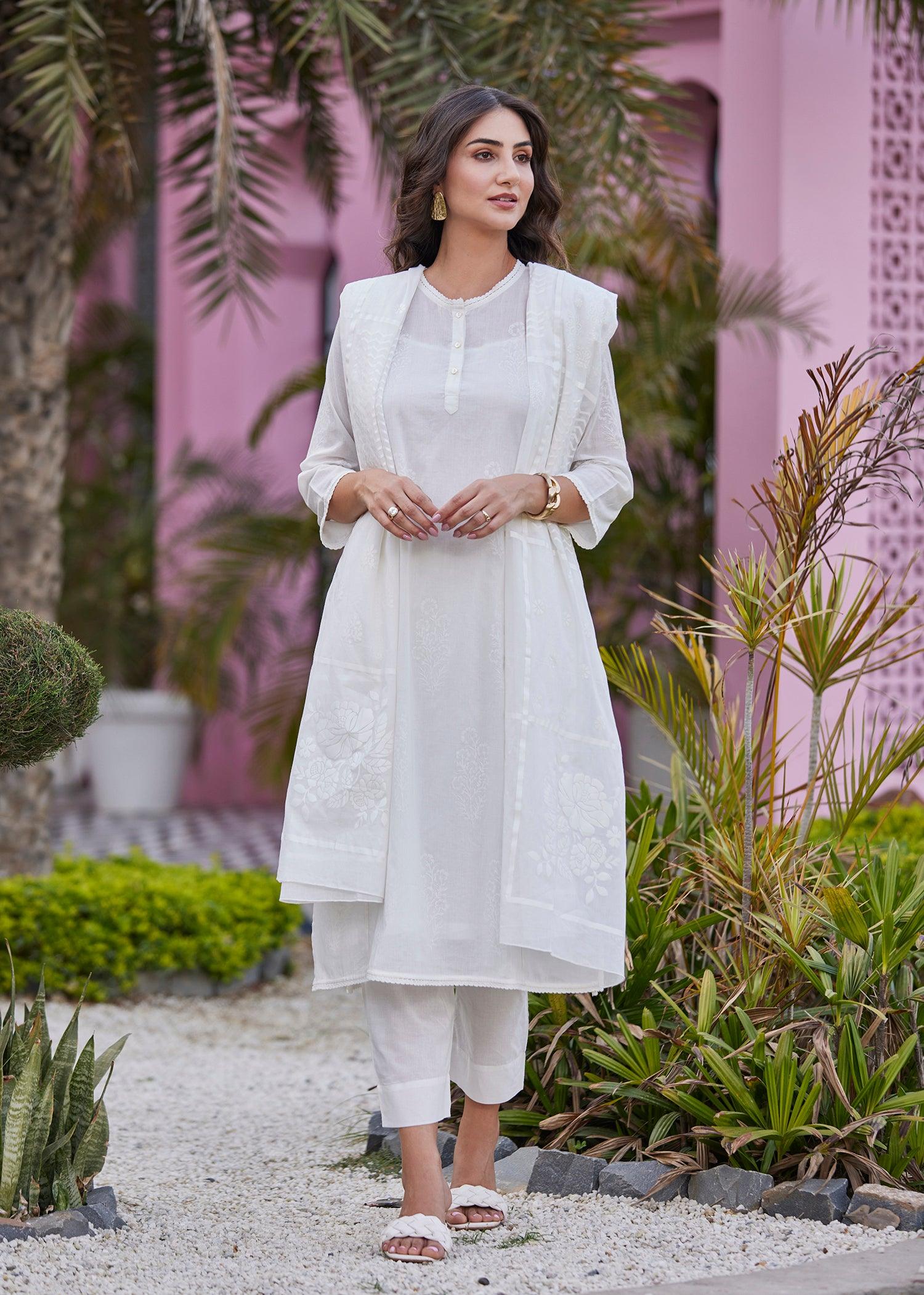 Off White A Line Voile Chikankari Long Kurta