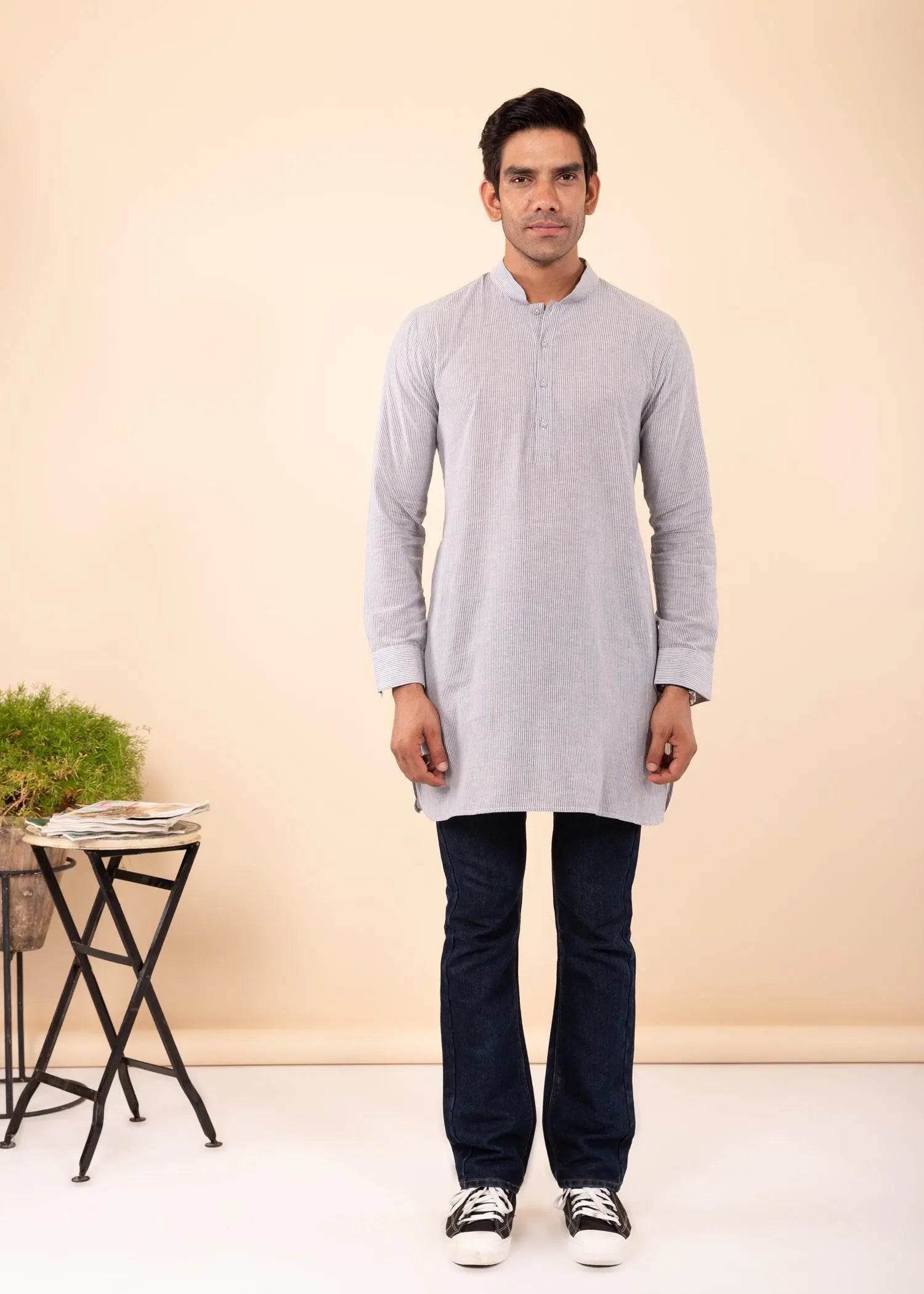 Light Blue Regular Woven Cotton Men's Short Kurta