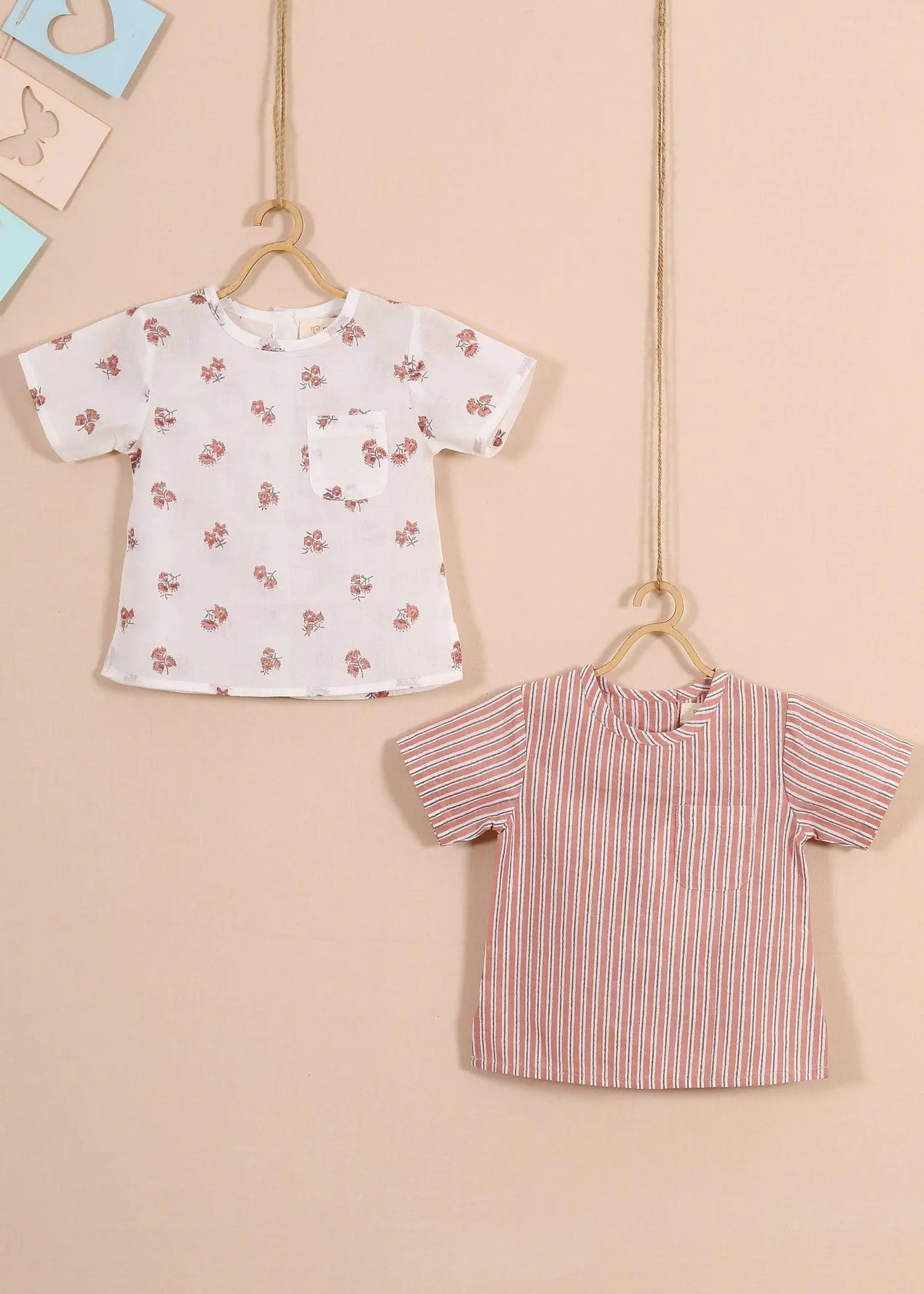 Holly/Stripes Pink Cotton Achint Jhabla Set Of 2 (0-6 Months)